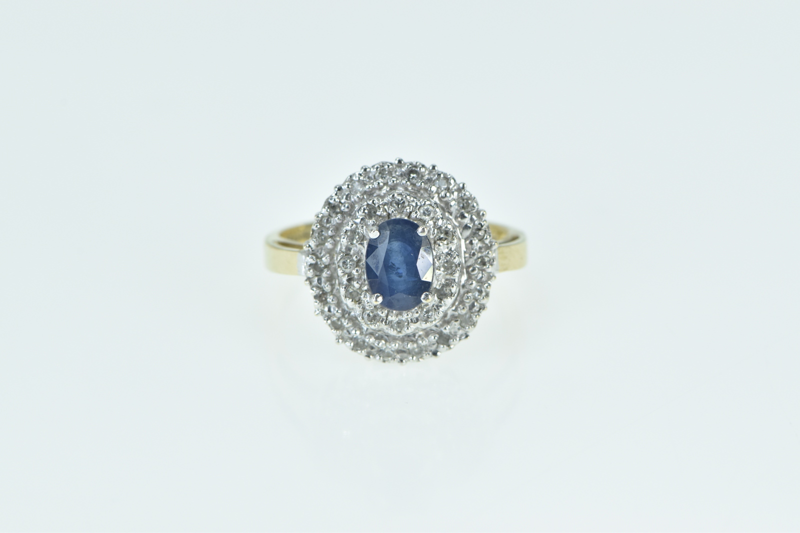 14K Oval Sapphire Diamond Halo Cocktail Yellow Gold Ring, Size 7.25