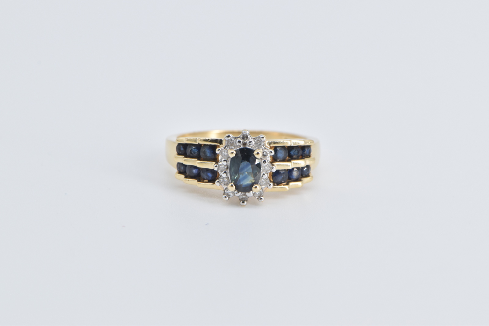 14K Oval Sapphire Diamond Halo Engagement Yellow Gold Ring, Size 7