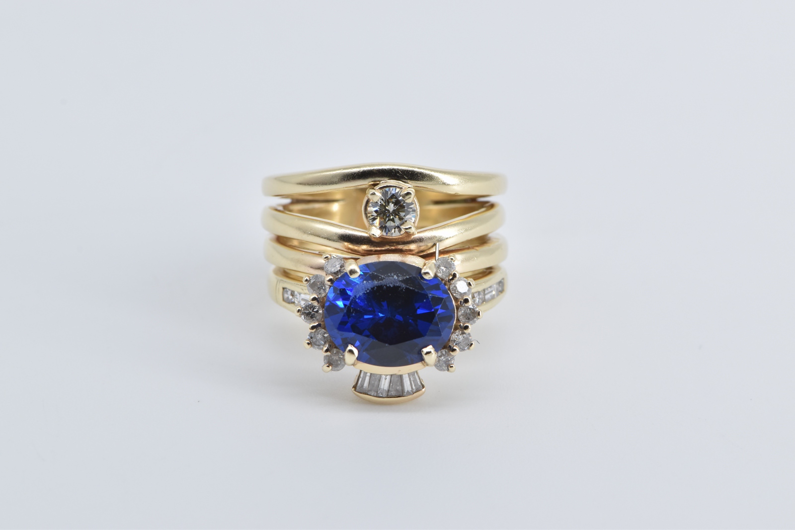14K Oval Sim. Sapphire 0.85 Ctw Diamond Layered Yellow Gold Ring, Size 6.25