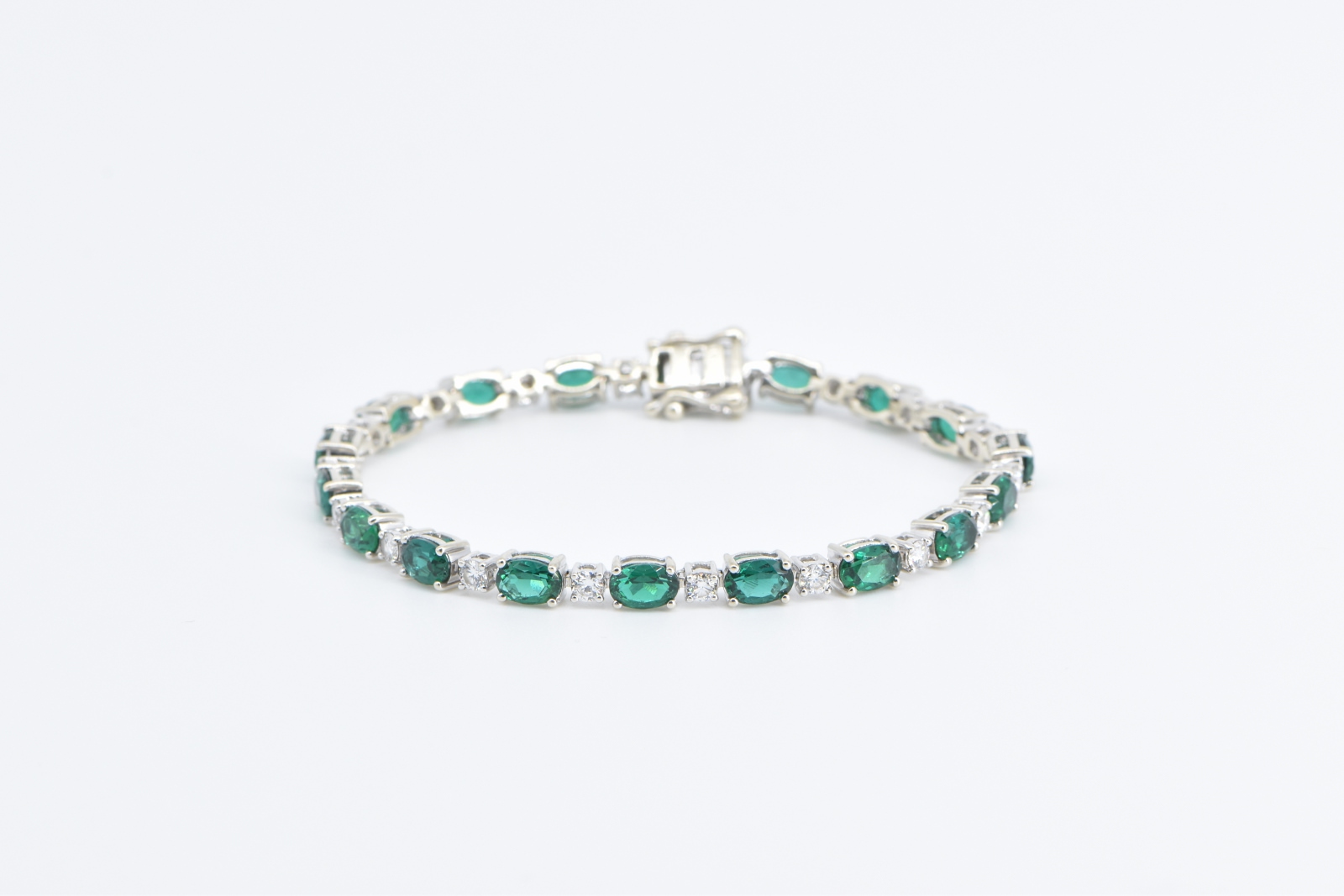 14K Oval Syn. Emerald Diamond Vintage Tennis White Gold Bracelet 6.5"