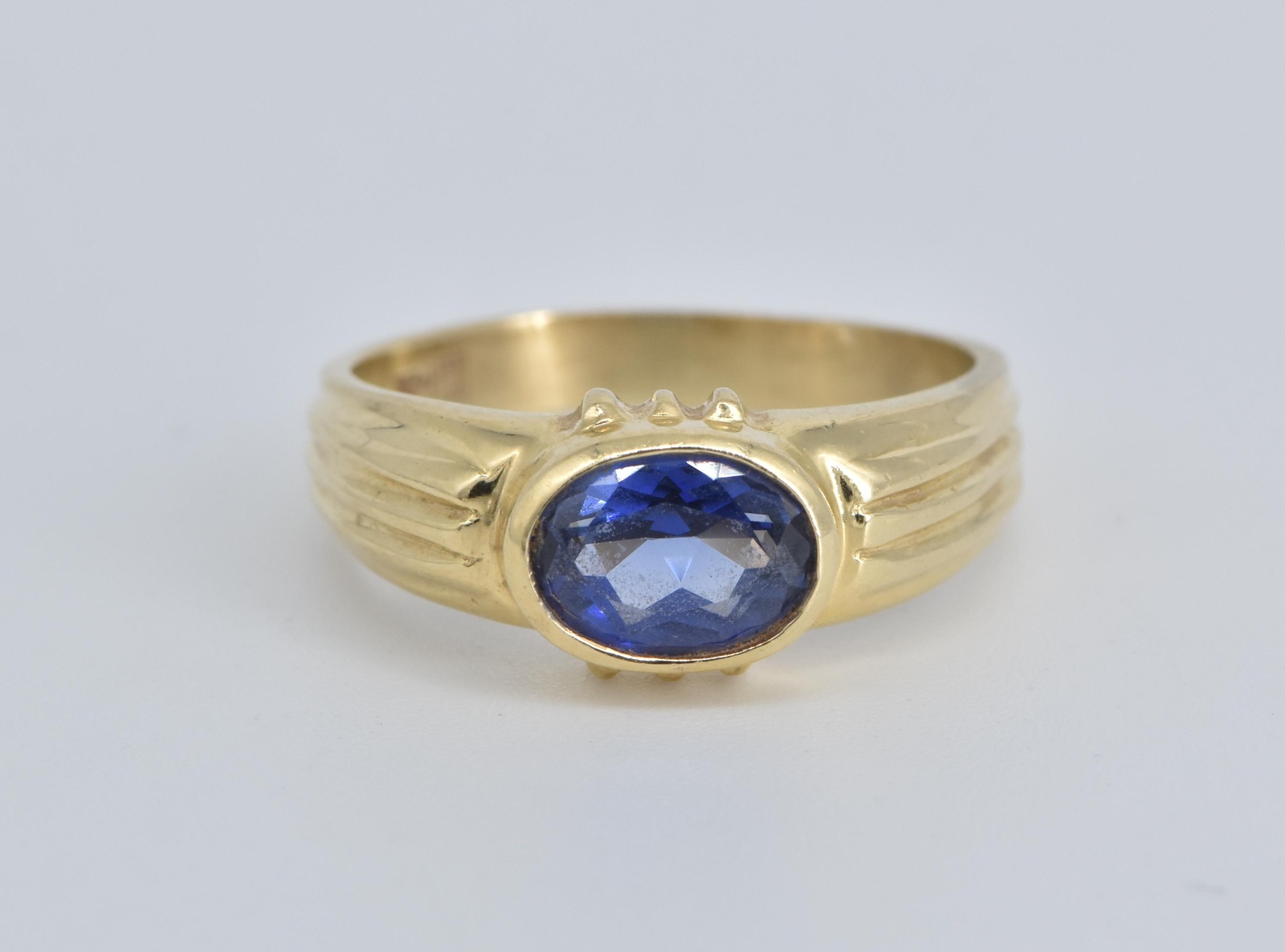 14K Oval Syn. Sapphire Halo Vintage Statement Yellow Gold Ring, Size 7.5