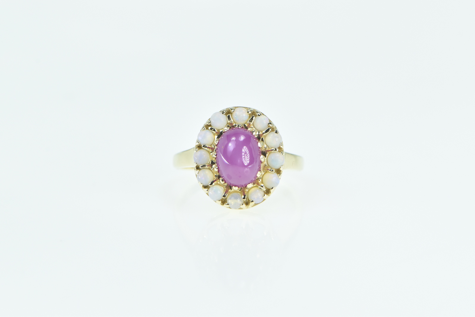 14K Oval Syn. Star Ruby Opal Halo Statement Yellow Gold Ring, Size 5