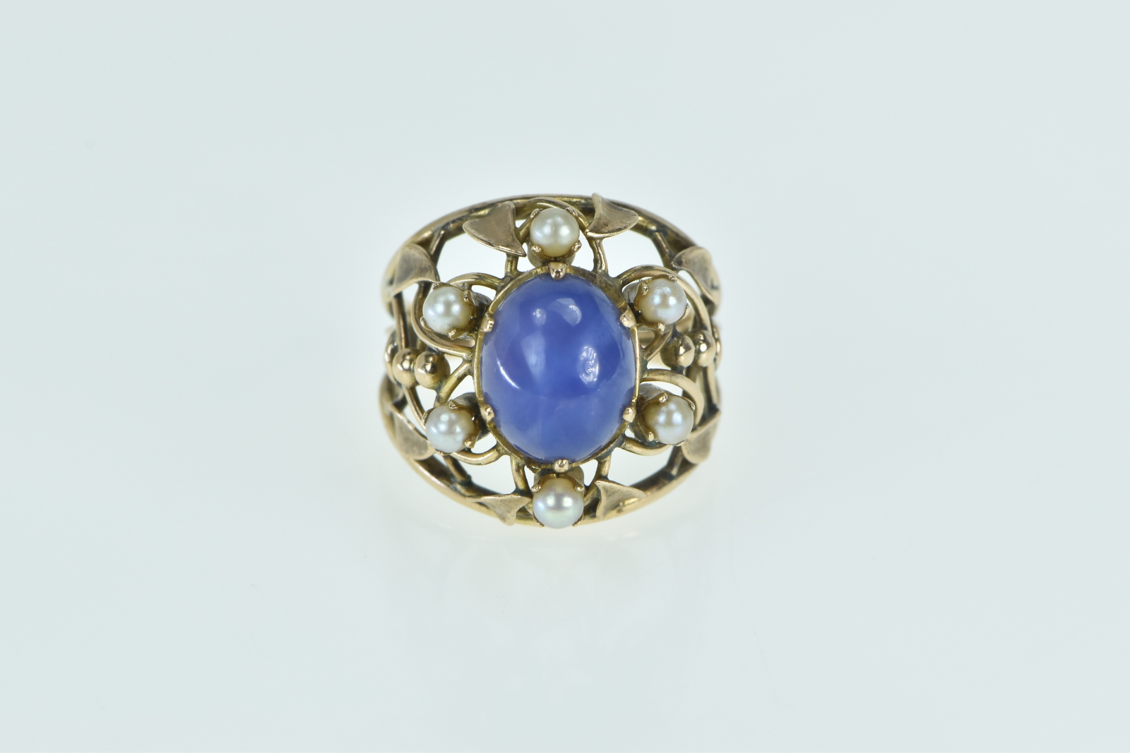 14K Oval Syn. Star Sapphire Pearl Leaf Vine Cocktail Yellow Gold Ring, Size 7