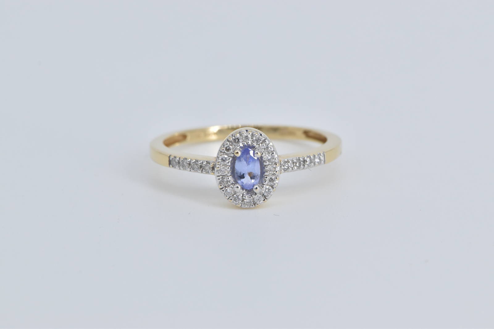 14K Oval Tanzanite Diamond Halo Engagement Yellow Gold Ring, Size 10.25