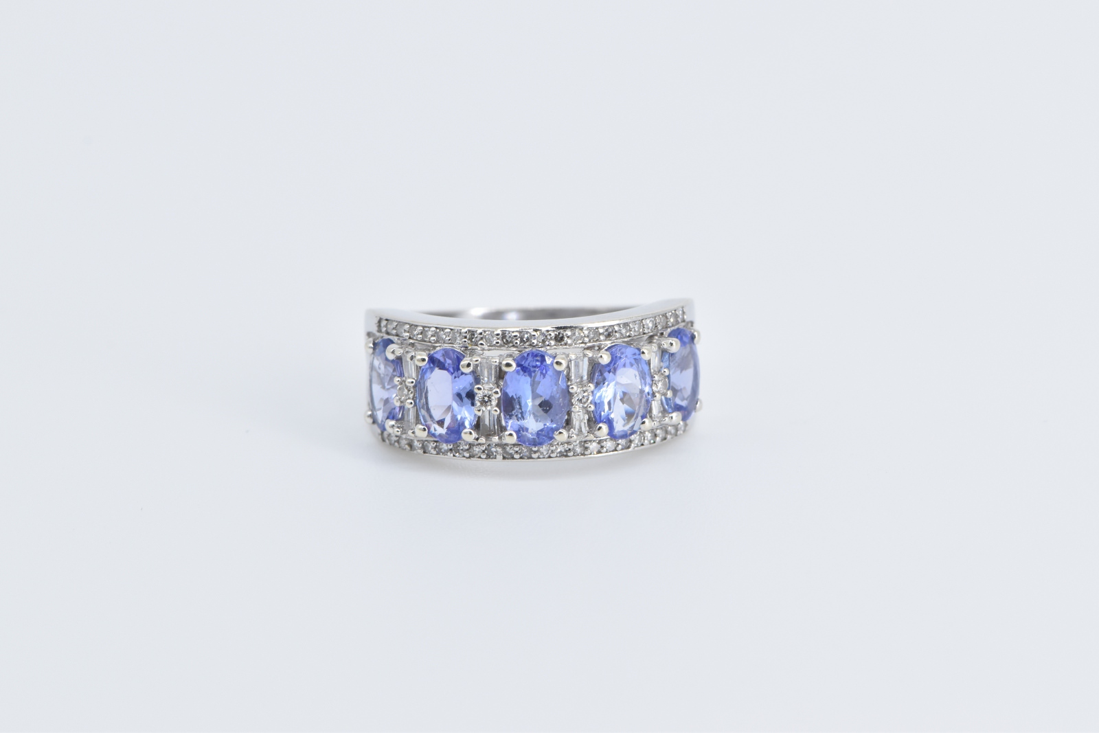 14K Oval Tanzanite Natural Diamond Statement Band White Gold Ring, Size 7