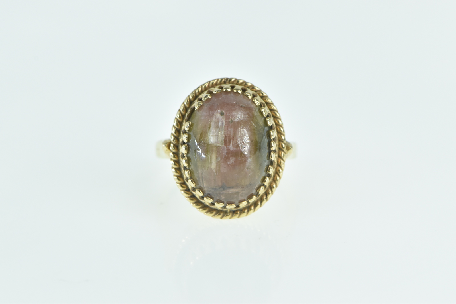 14K Oval Watermelon Tourmaline Cabochon Yellow Gold Ring, Size 7