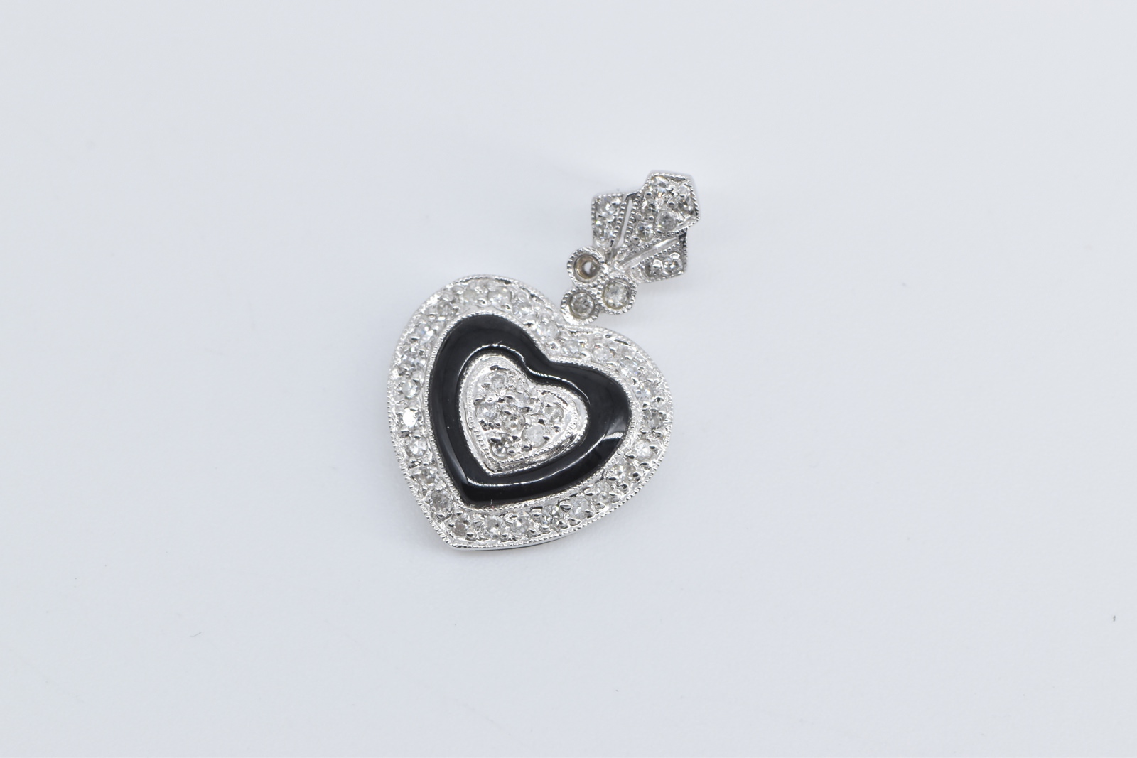 14K Pave Diamond Encrusted Black Enamel Heart White Gold Pendant