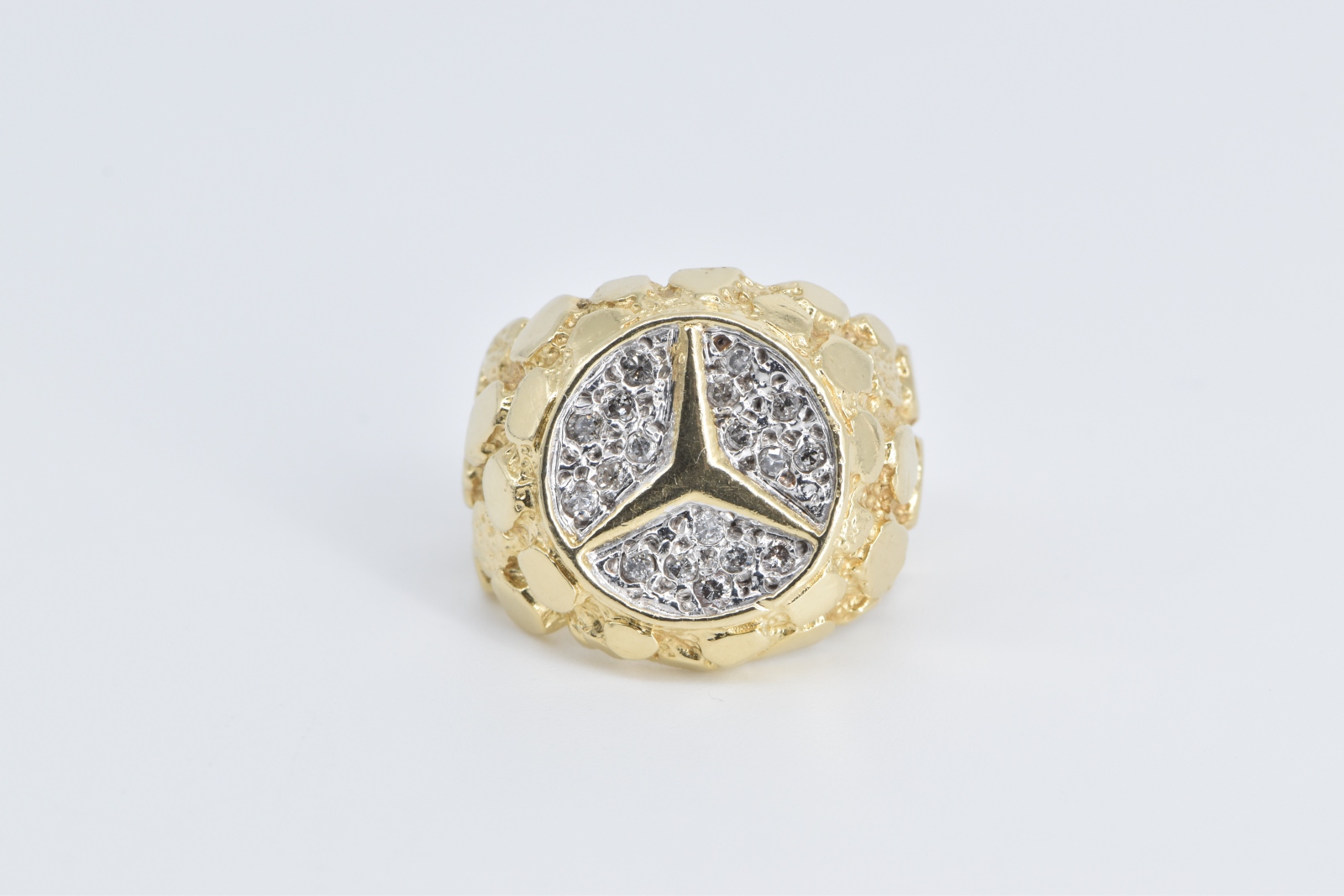 14K Pave Diamond Encrusted Mercedes Benz Symbol Yellow Gold Ring, Size 6.5