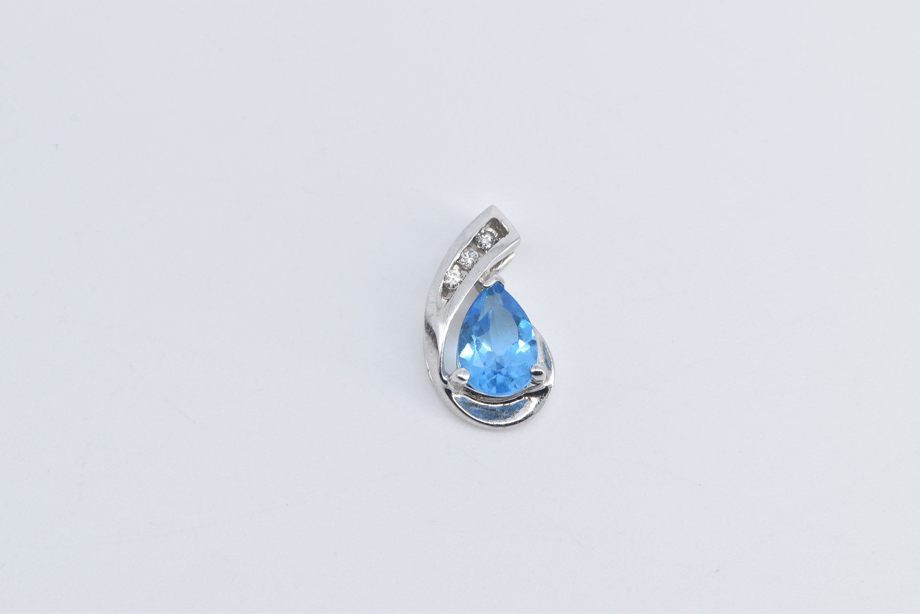 14K Pear Blue Topaz Diamond Curved Statement White Gold Pendant