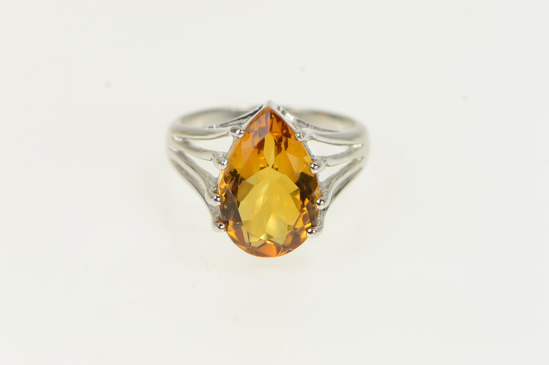 14K Pear Cut Citrine Solitaire Vintage Cocktail White Gold Ring, Size 7
