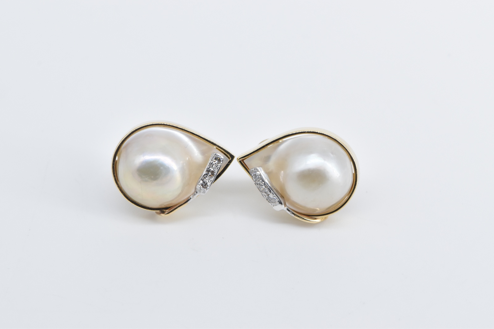 14K Pear Cut Pearl Diamond Statement French Clip Yellow Gold Earrings