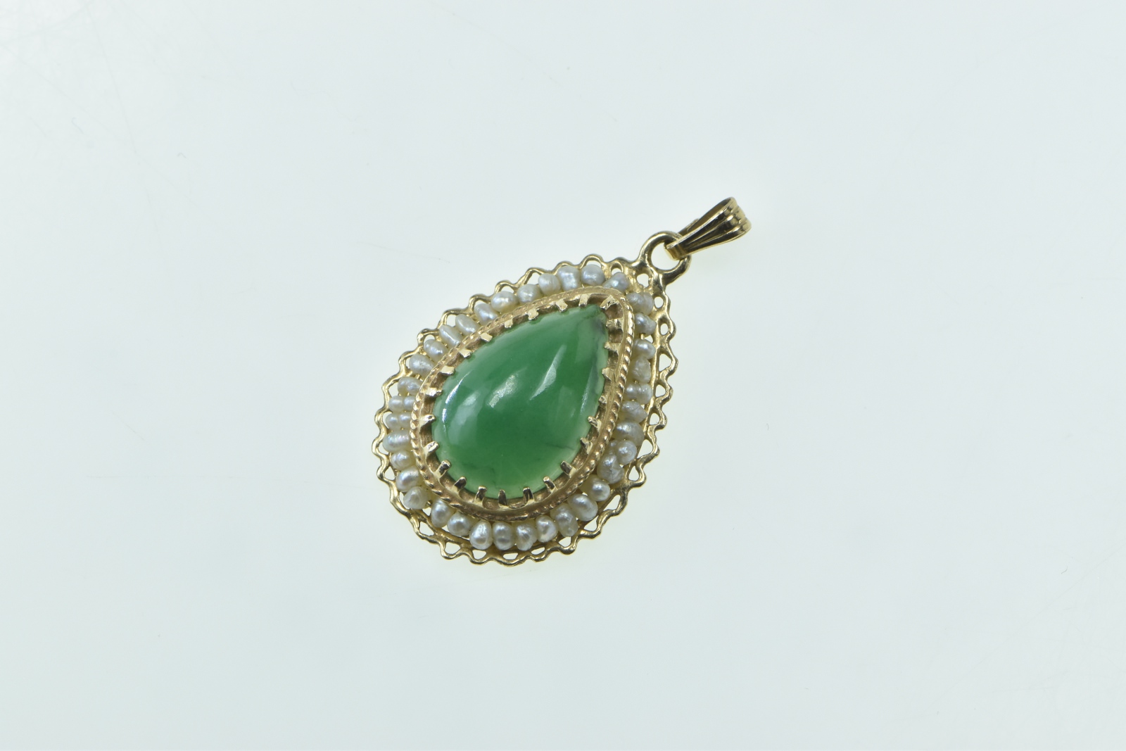 14K Pear Green Agate Seed Pearl Trim Statement Yellow Gold Pendant