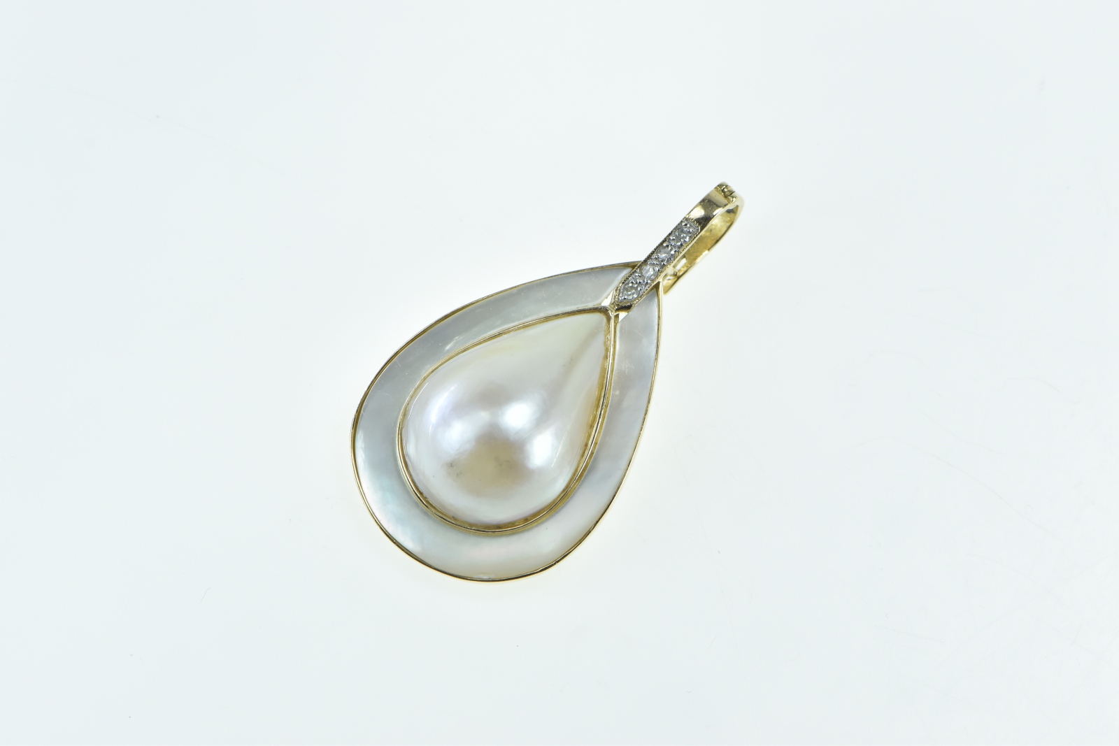 14K Pear Mother of Pearl Diamond Vintage Statement Yellow Gold Pendant