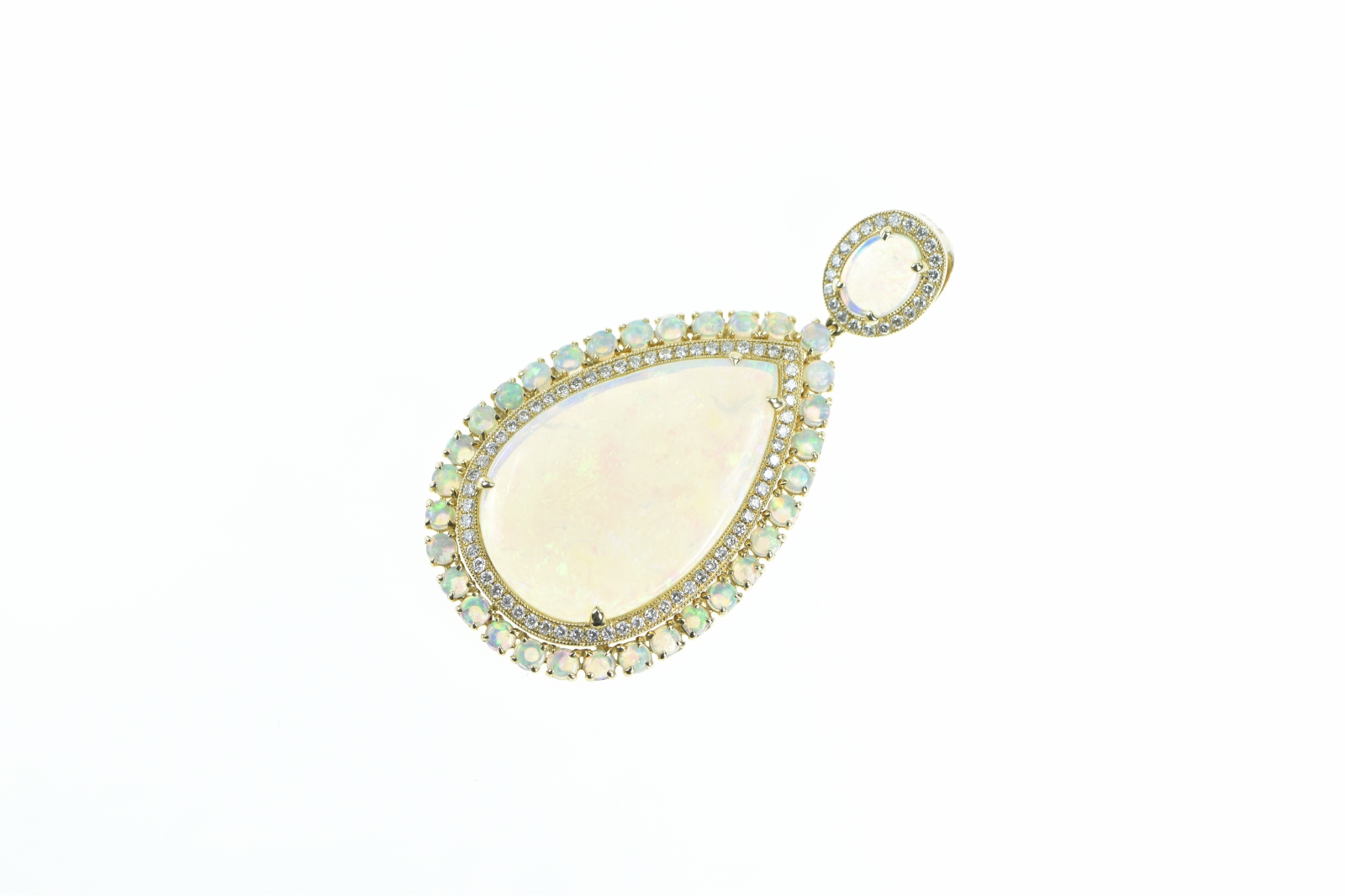 14K Pear Natural Opal Diamond Halo Drop Yellow Gold Pendant