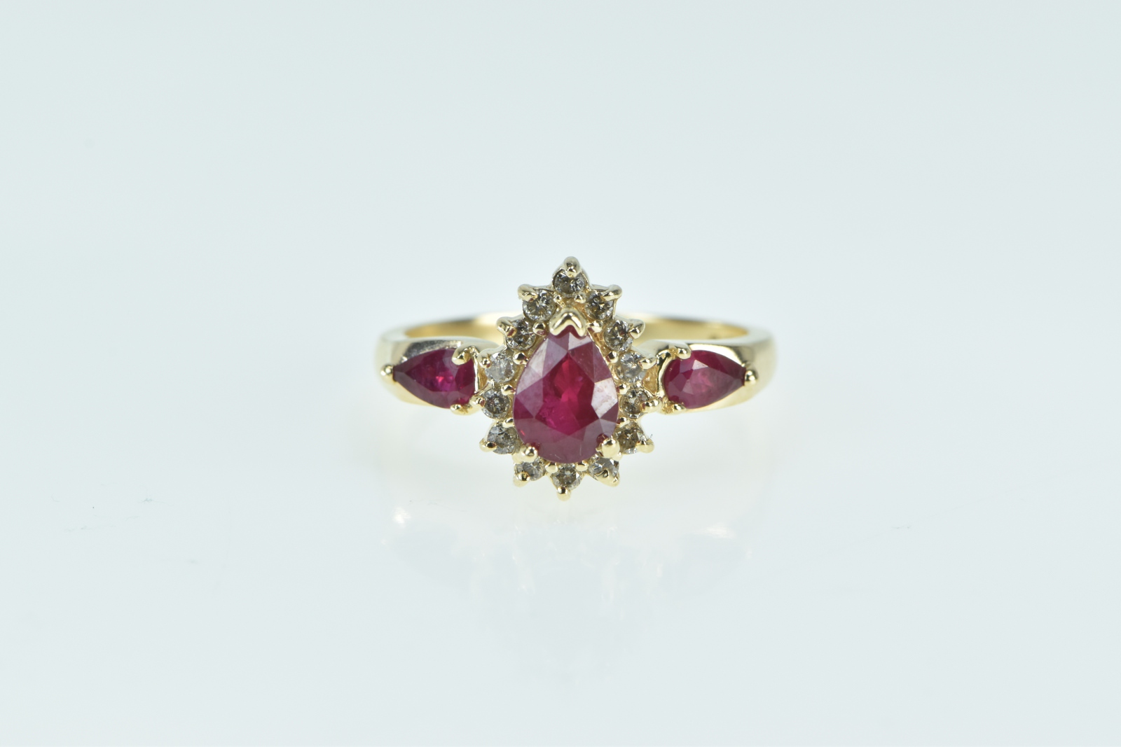 14K Pear Ruby Diamond Halo Engagement Yellow Gold Ring, Size 7