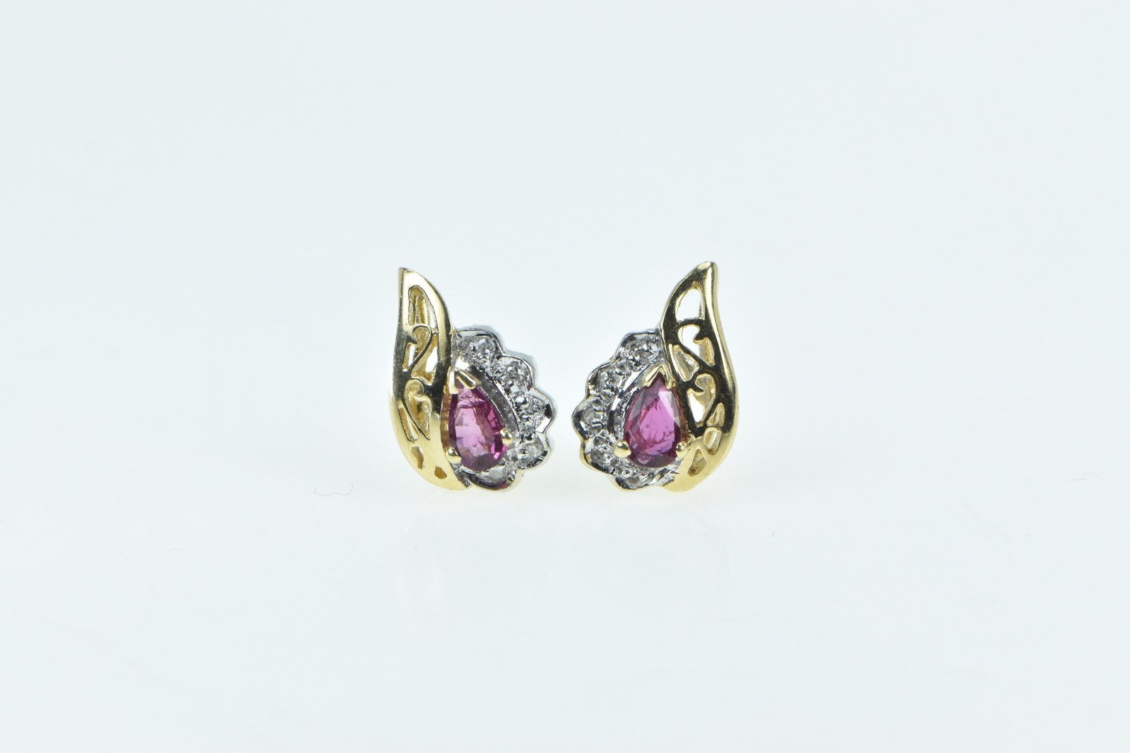 14K Pear Sapphire Diamond Accent Wavy Stud Yellow Gold Earrings