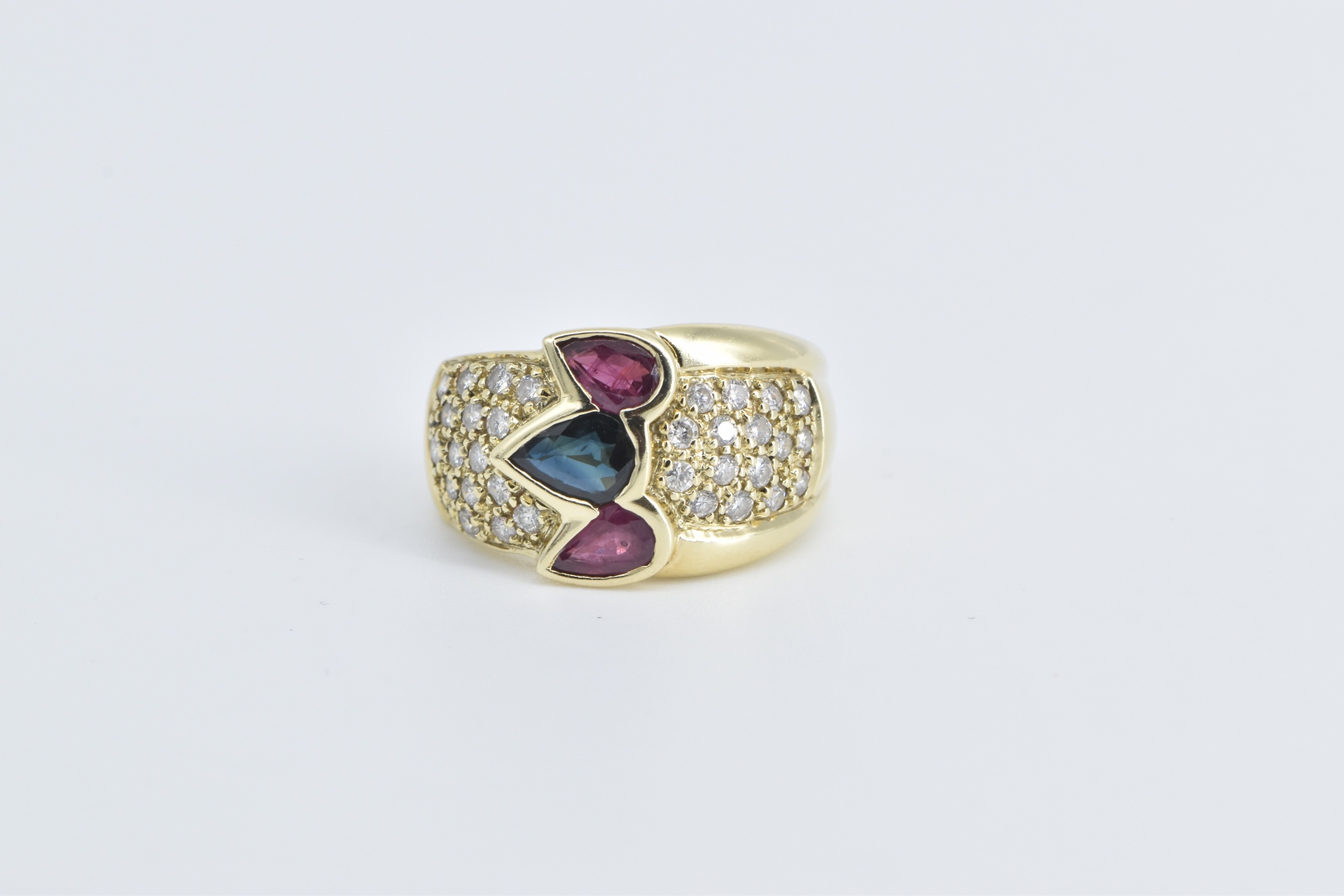 14K Pear Sapphire Ruby Pave Diamond Band Yellow Gold Ring, Size 7.75