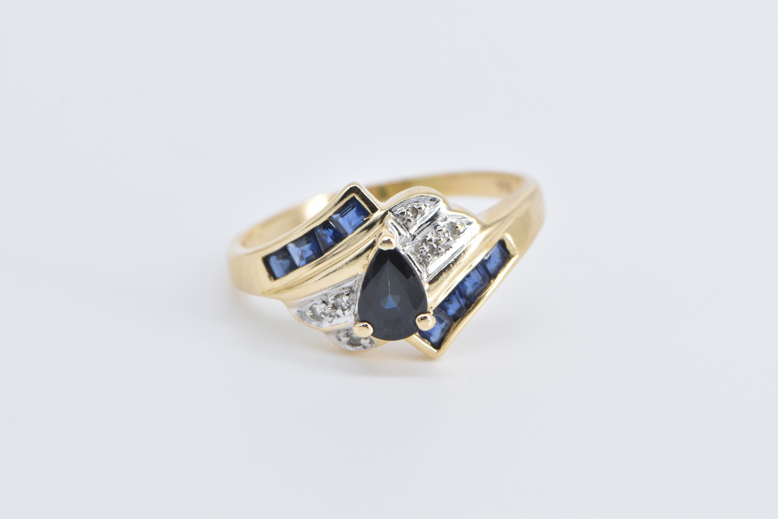 14K Pear Sapphire Vintage Diamond Bypass Yellow Gold Ring, Size 7.75
