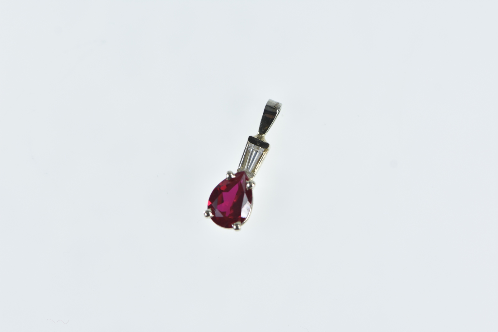 14K Pear Syn. Ruby Baguette Diamond Classic White Gold Pendant