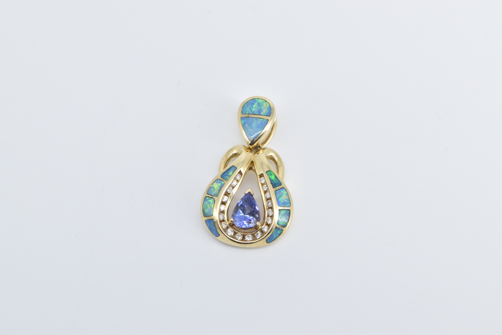 14K Pear Tanzanite Diamond Black Opal Inlay Yellow Gold Pendant