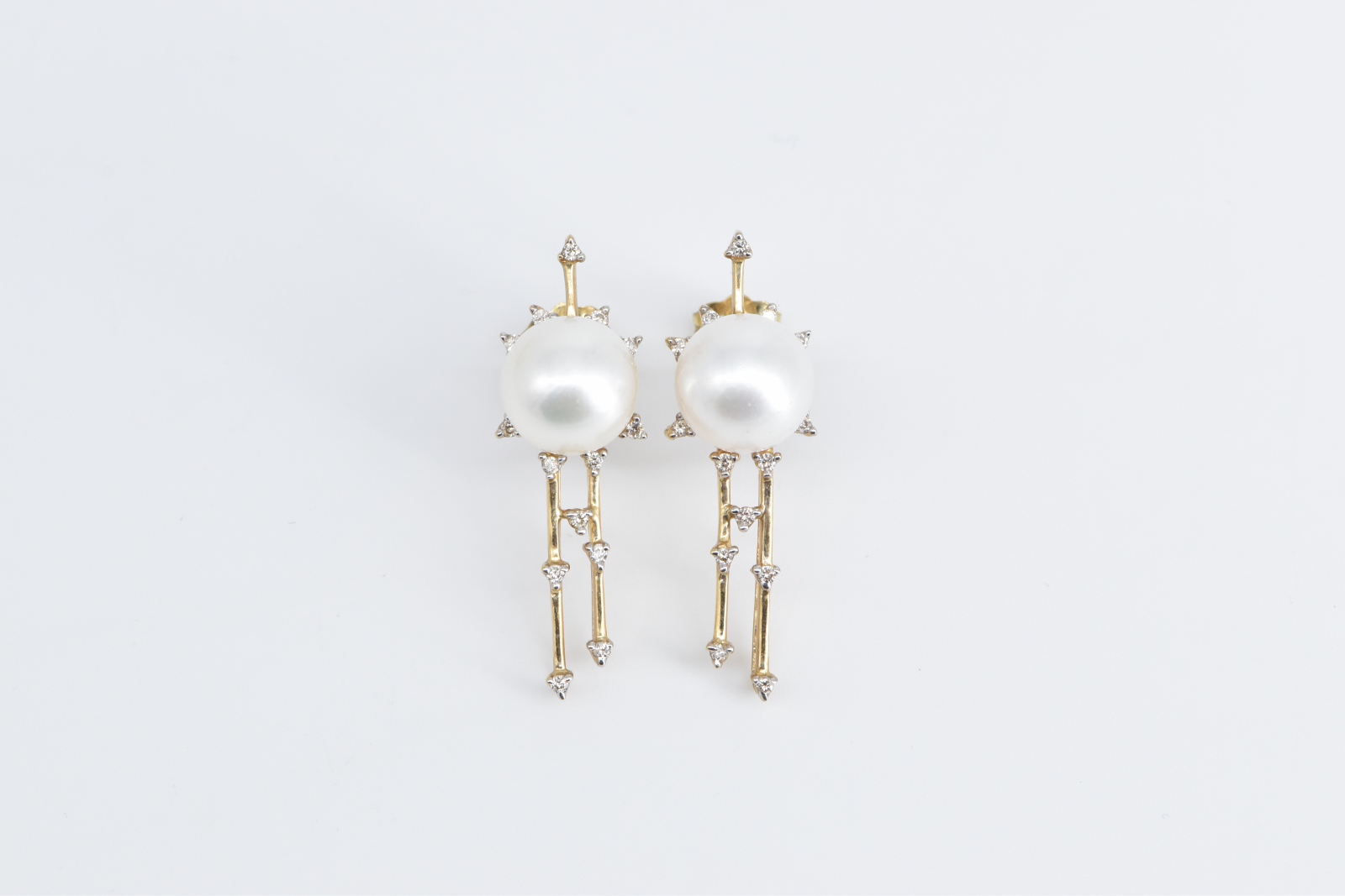 14K Pearl Diamond Halo Drop Bar Statement Yellow Gold Earrings