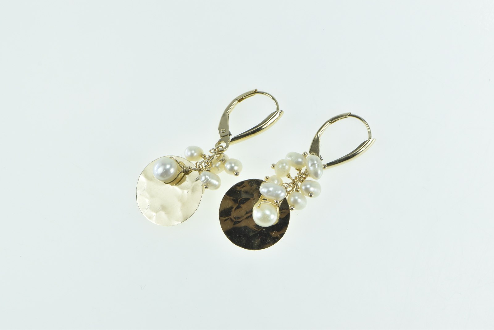 14K Pearl Fringe Tassel Hammered Circle Dangle Yellow Gold Earrings