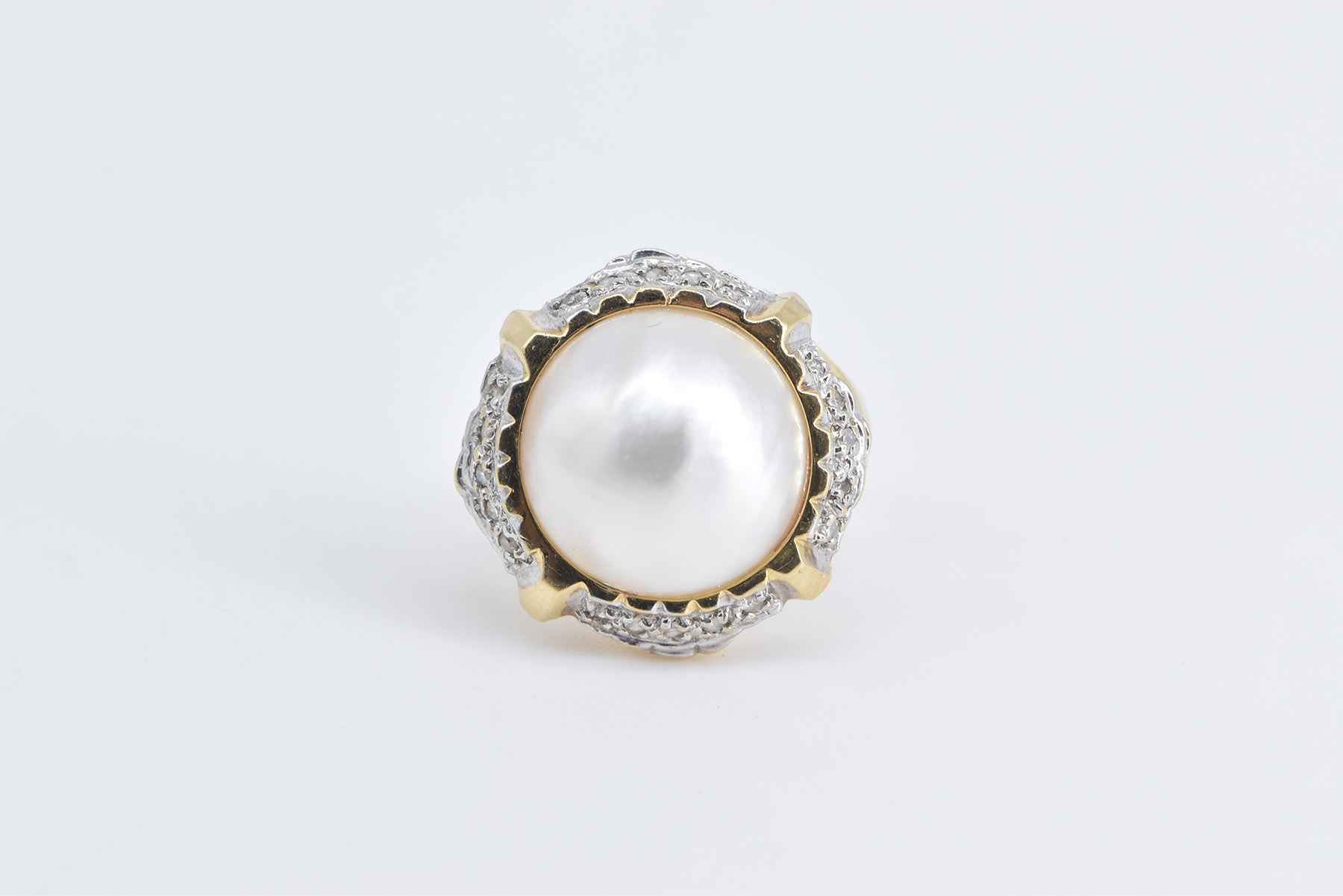 14K Pearl Natural Diamond Cluster Statement Yellow Gold Ring, Size 6.25
