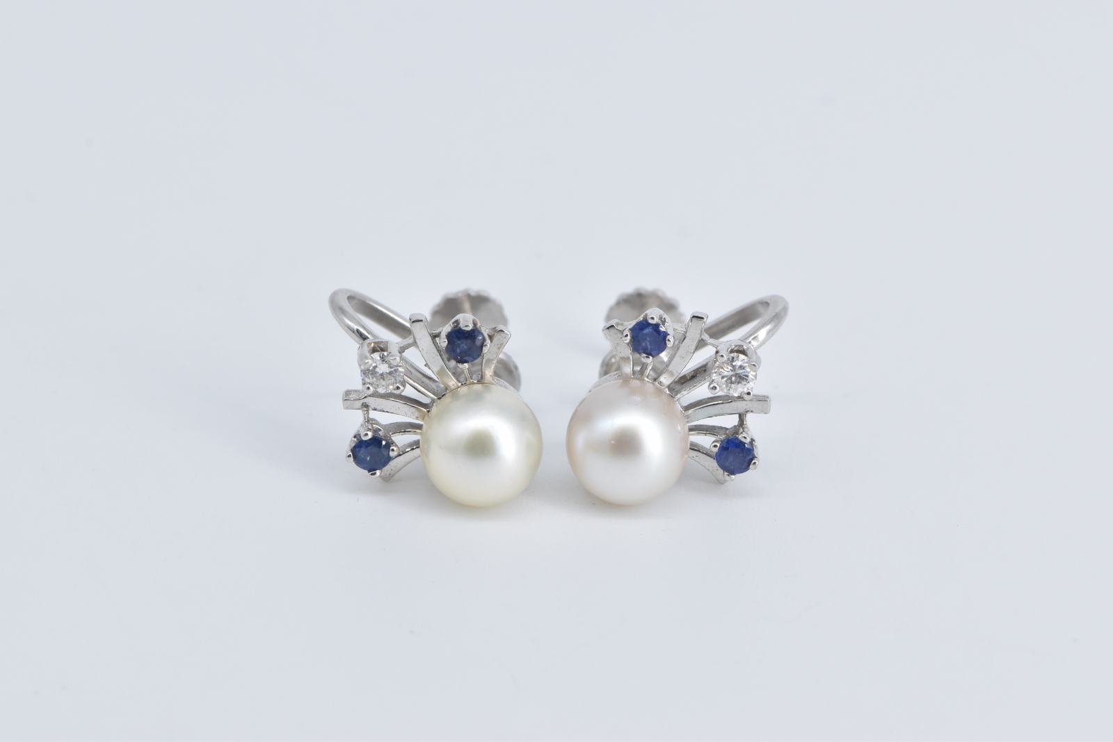 14K Pearl Sapphire Diamond Burst Screw Back White Gold Earrings