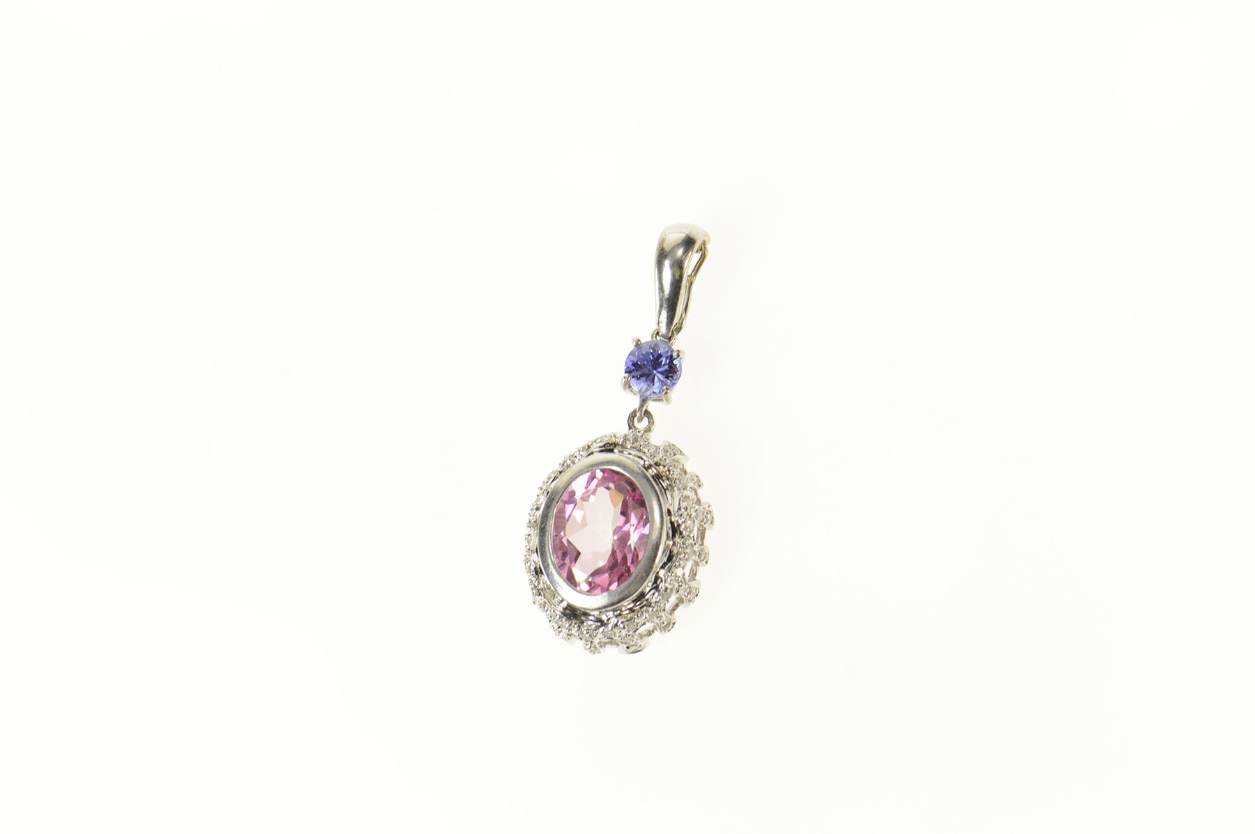 14K Pink & Lilac Sapphire Ornate Diamond Halo White Gold Pendant