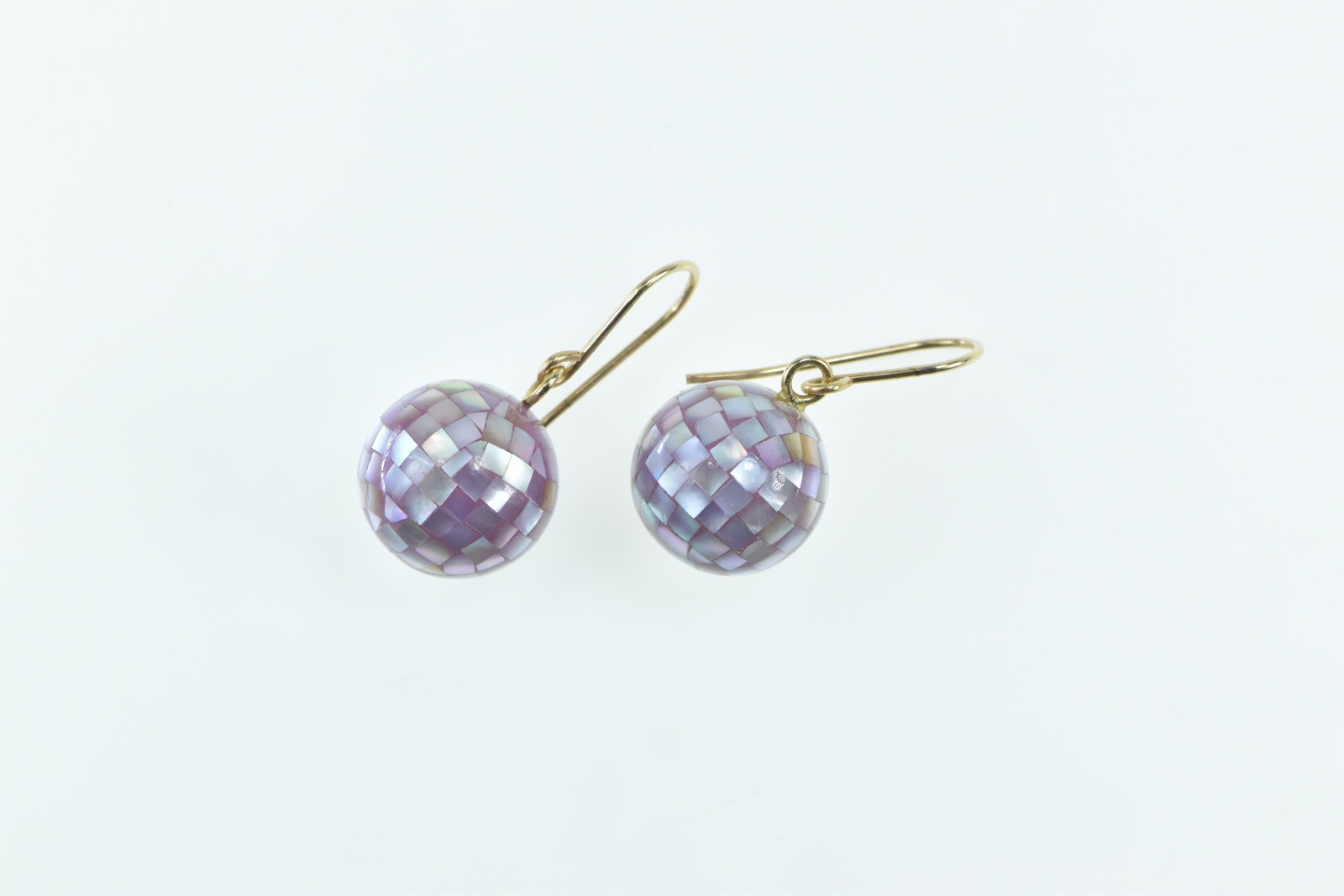 14K Pink Mother of Pearl Encrusted Ball Dangle Yellow Gold Earrings