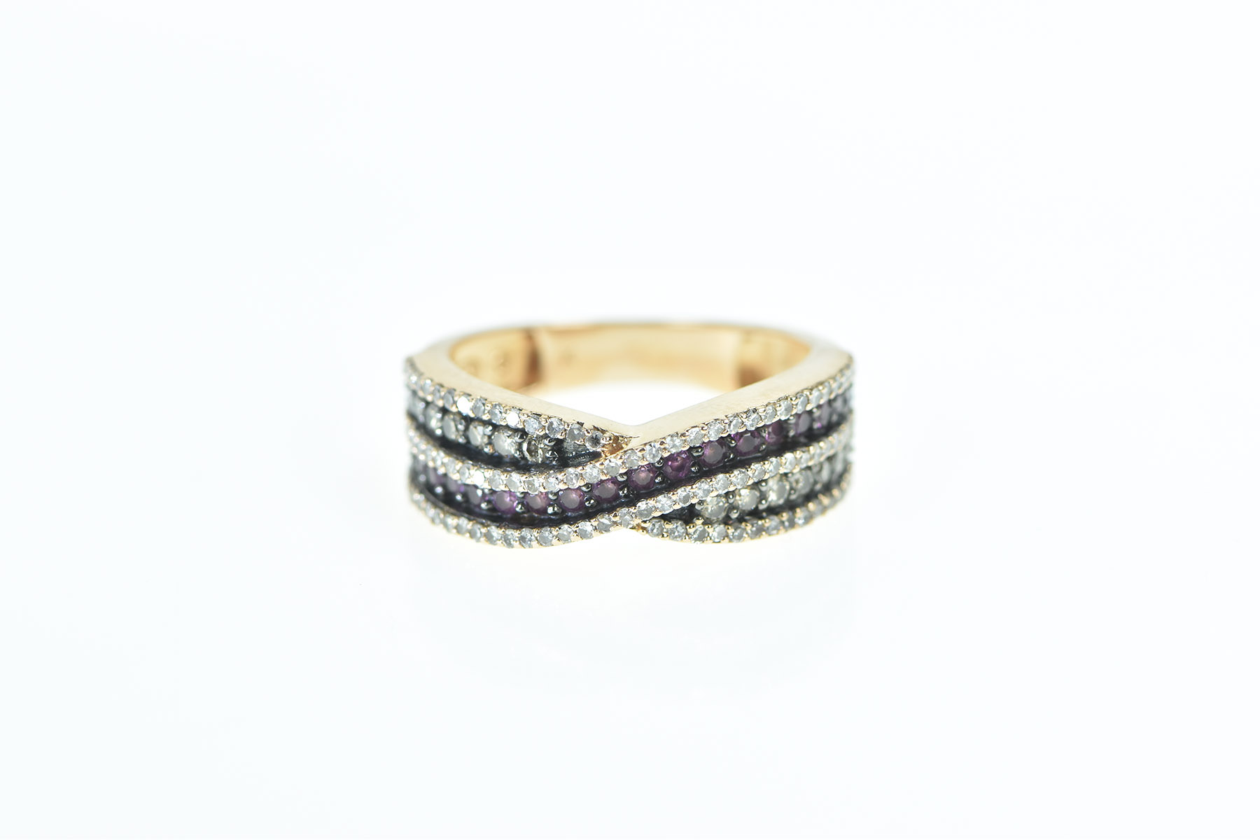 14K Pink Sapphire Pave Diamond Wavy Band Rose Gold Ring, Size 7