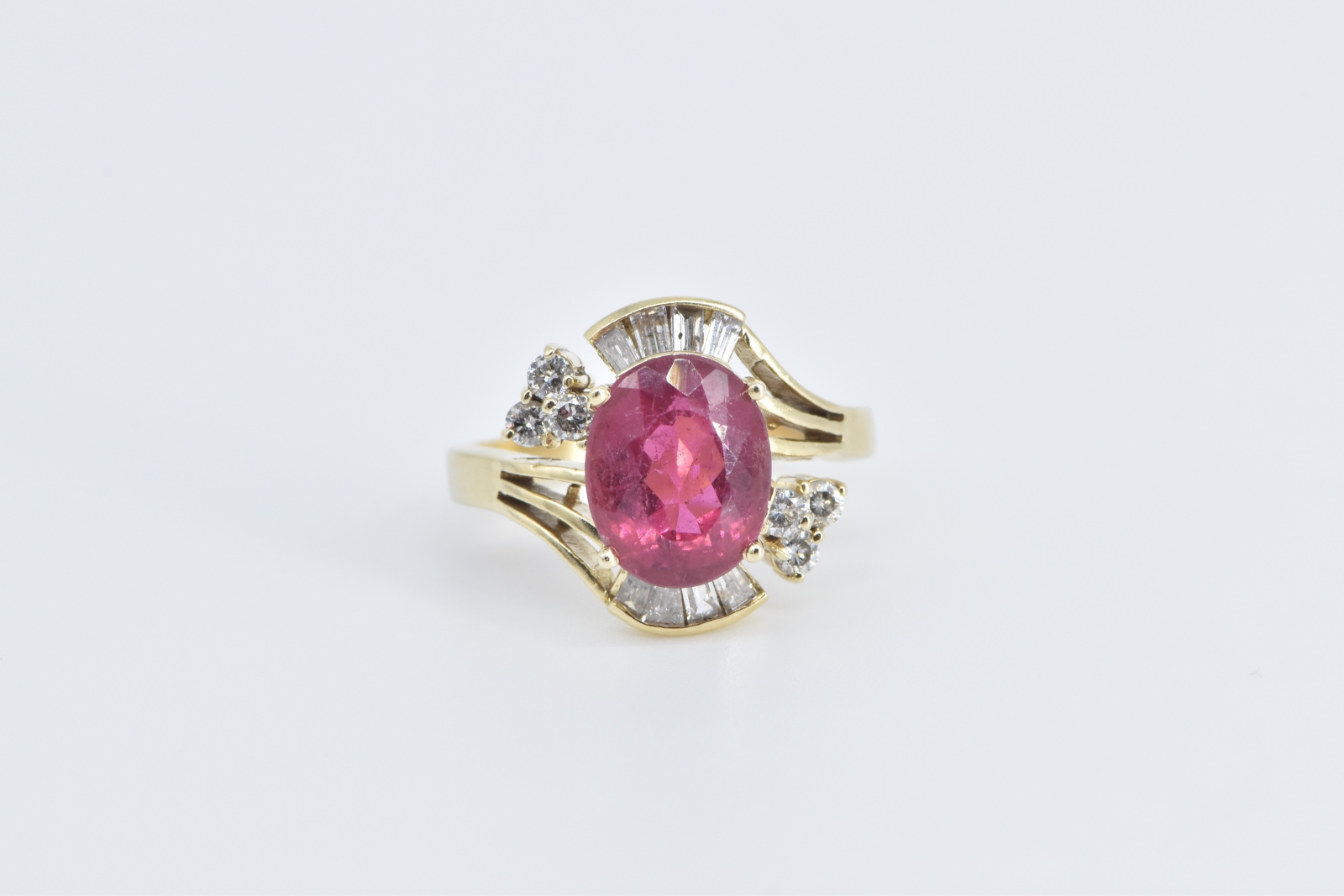 14K Pink Tourmaline Baguette Diamond Statement Yellow Gold Ring, Size 7.75