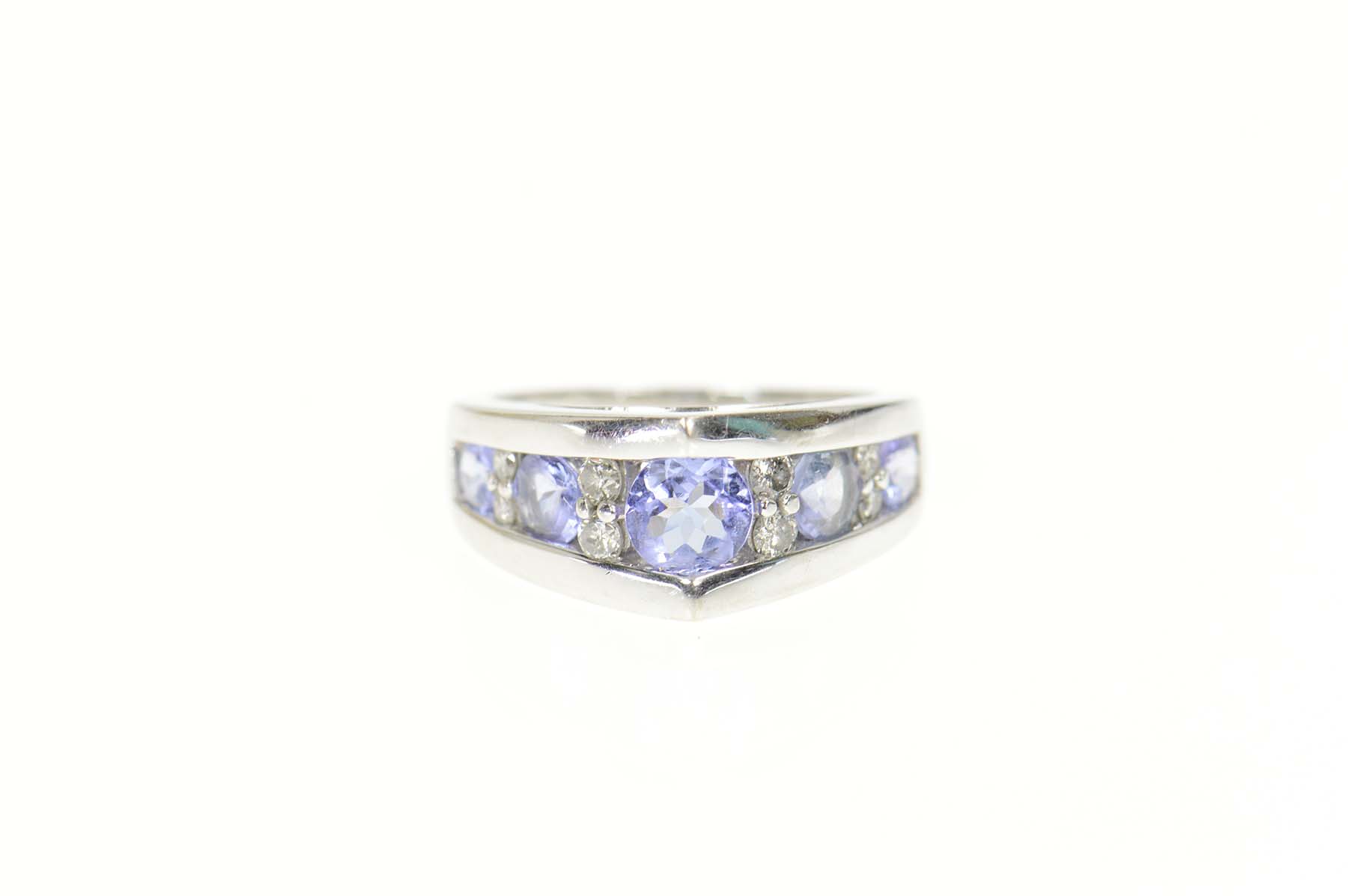 14K Pointed Tanzanite Diamond Chevron Engagement White Gold Ring, Size 5