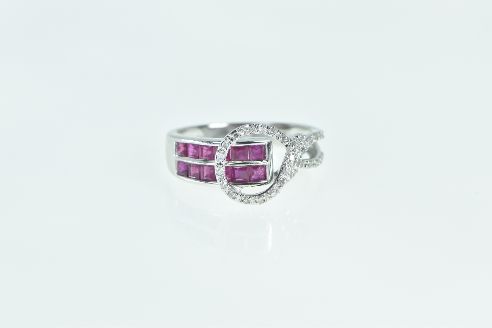 14K Princess Cut Ruby Diamond Loop Statement White Gold Ring, Size 6.75