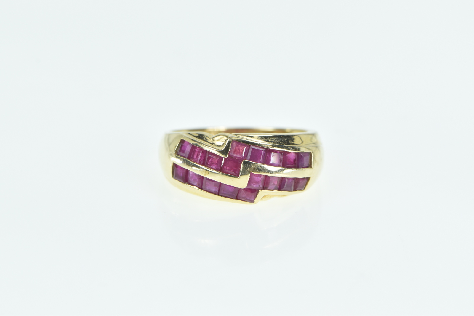 14K Princess Cut Ruby Zig Zag Statement Band Yellow Gold Ring, Size 7