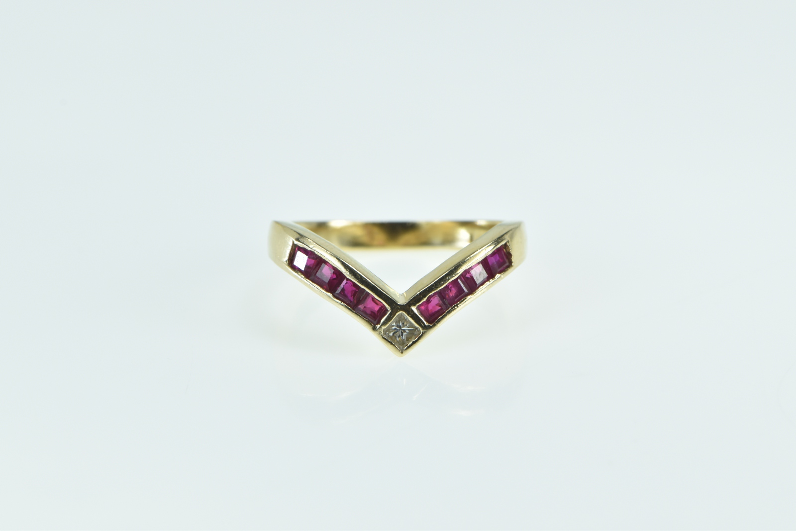 14K Princess Ruby Chevron Diamond Vintage Yellow Gold Ring, Size 6.75