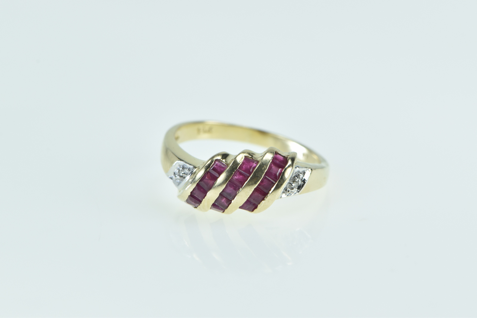 14K Princess Ruby Curved Diamond Statement Yellow Gold Ring, Size 7