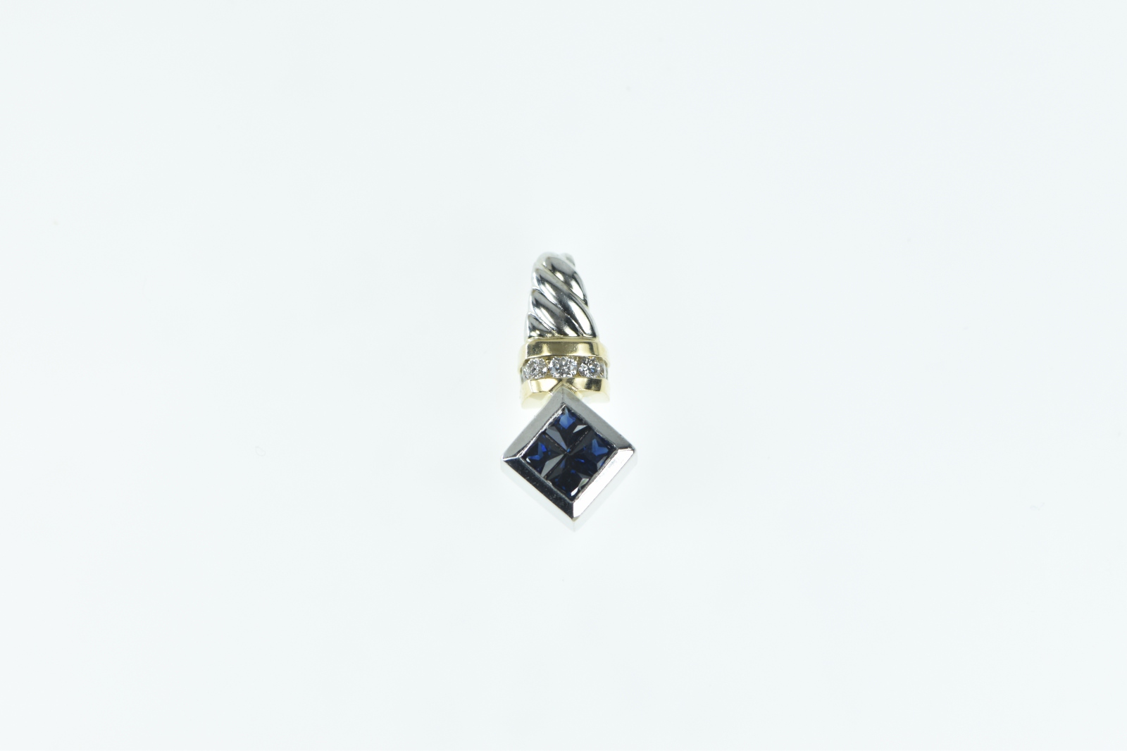 14K Princess Sapphire Diamond Squared White Gold Pendant