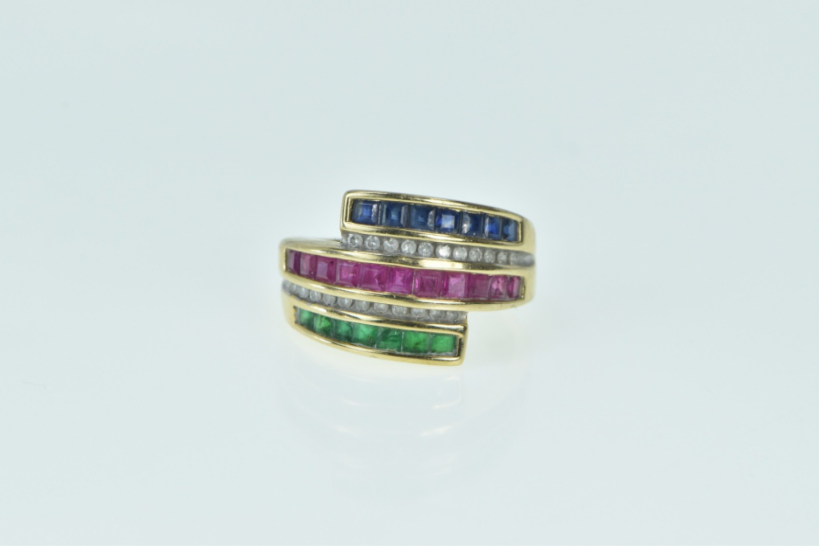 14K Princess Sapphire Ruby Diamond Bypass Yellow Gold Ring, Size 7.25