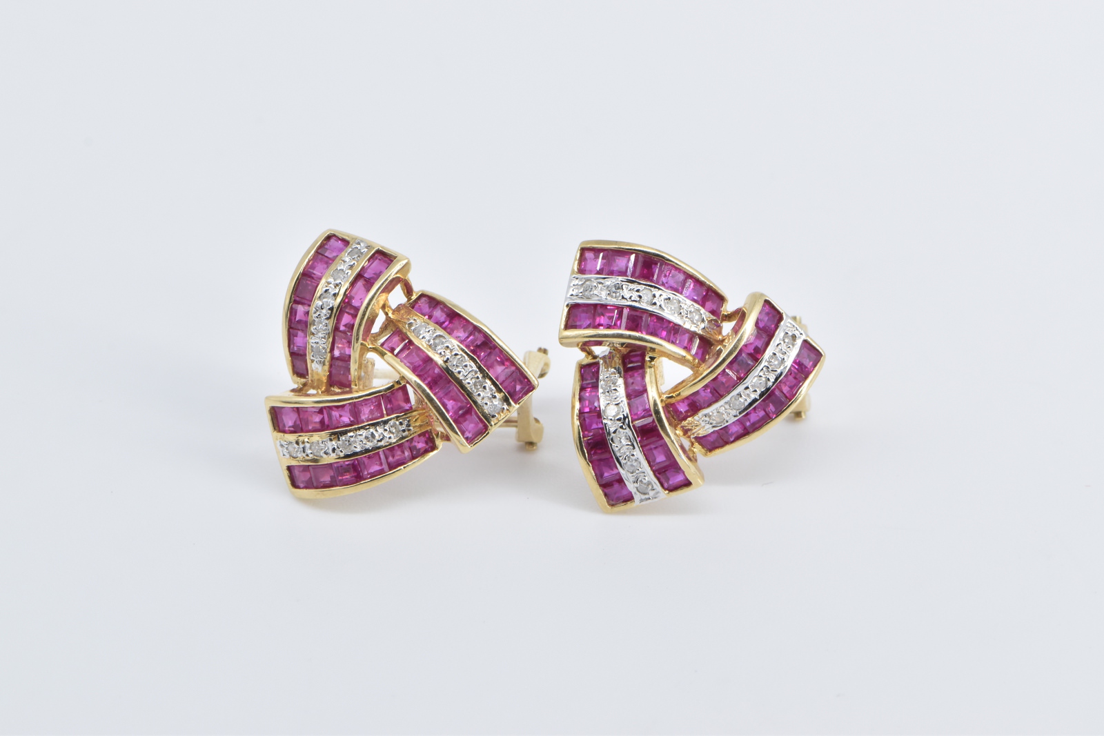 14K Princess Syn. Ruby Diamond Triangle Twist Yellow Gold Earrings