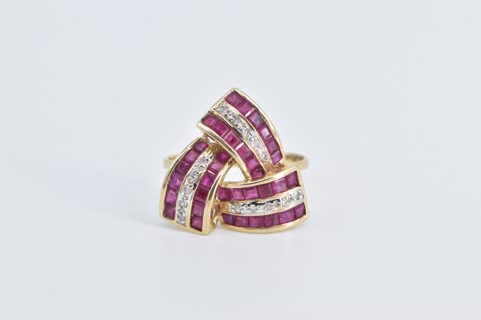 14K Princess Syn. Ruby Diamond Triangle Twist Yellow Gold Ring, Size 9.25