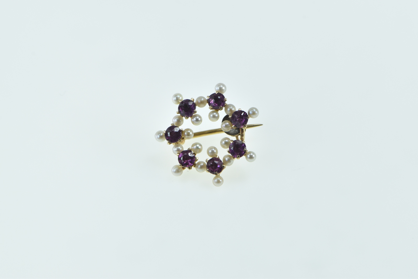 14K Purple Tourmaline Seed Pearl Round Vintage Yellow Gold Pin/Brooch