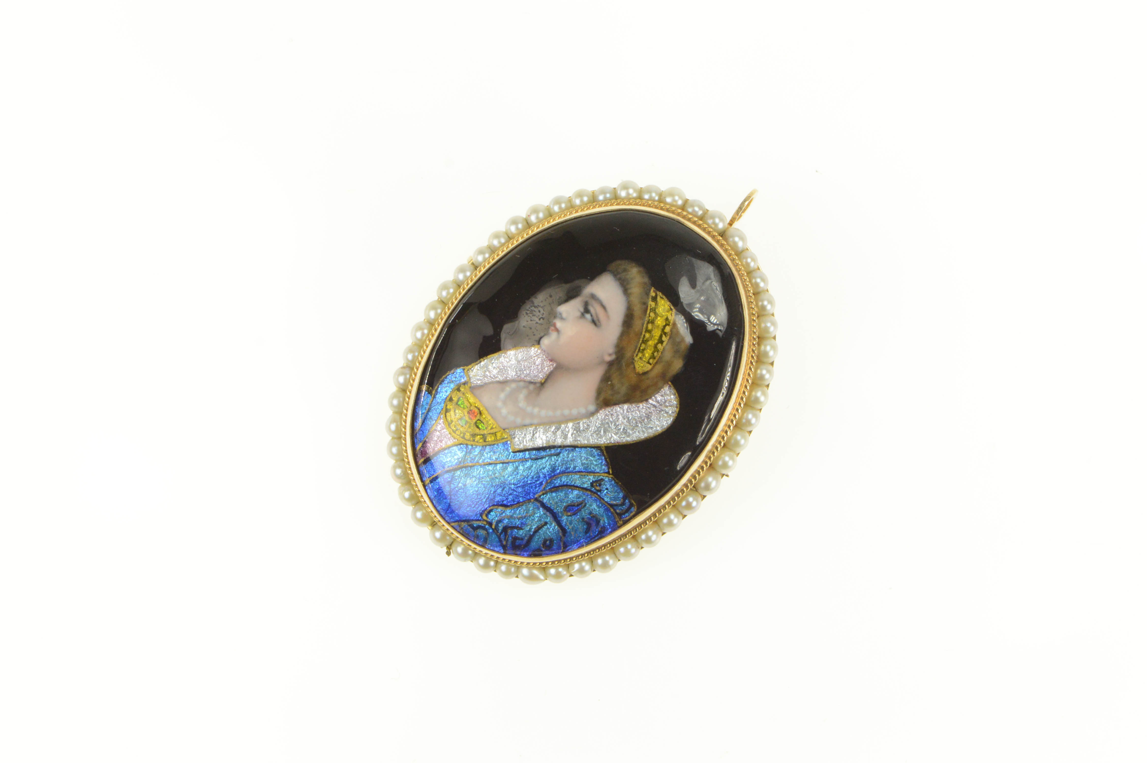 14K R Blancher Limoges Ornate Pearl Oval Yellow Gold Pendant/Pin