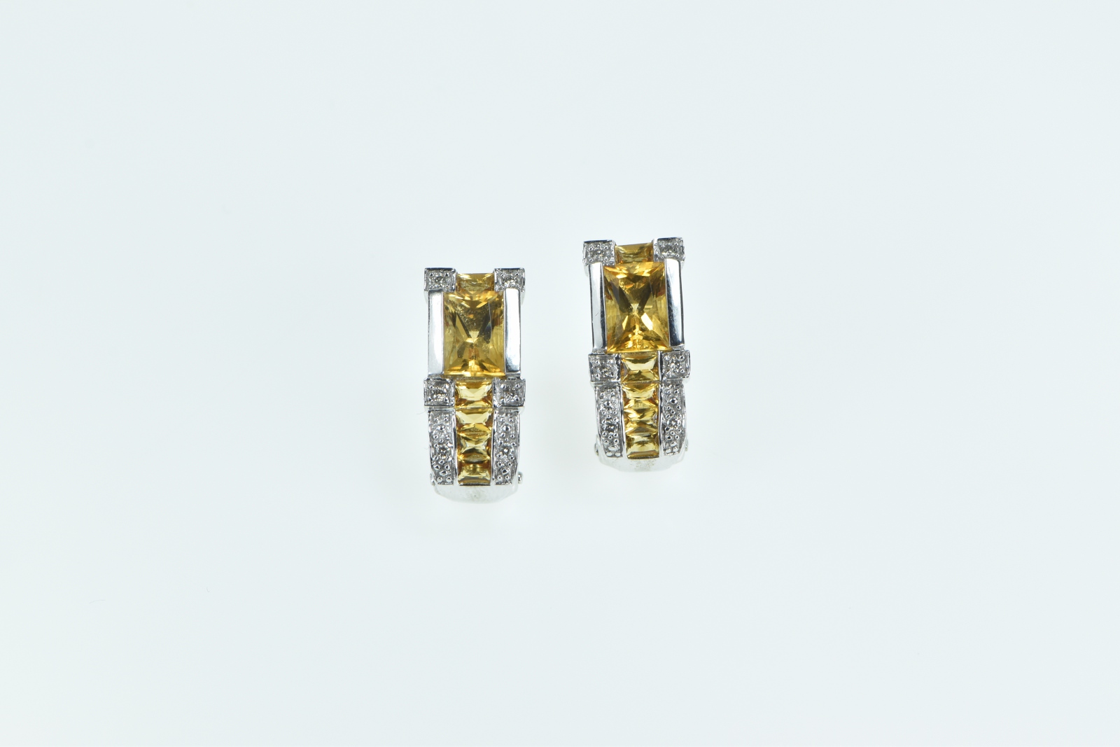 14K Radiant Cut Citrine Diamond French Clip White Gold Earrings