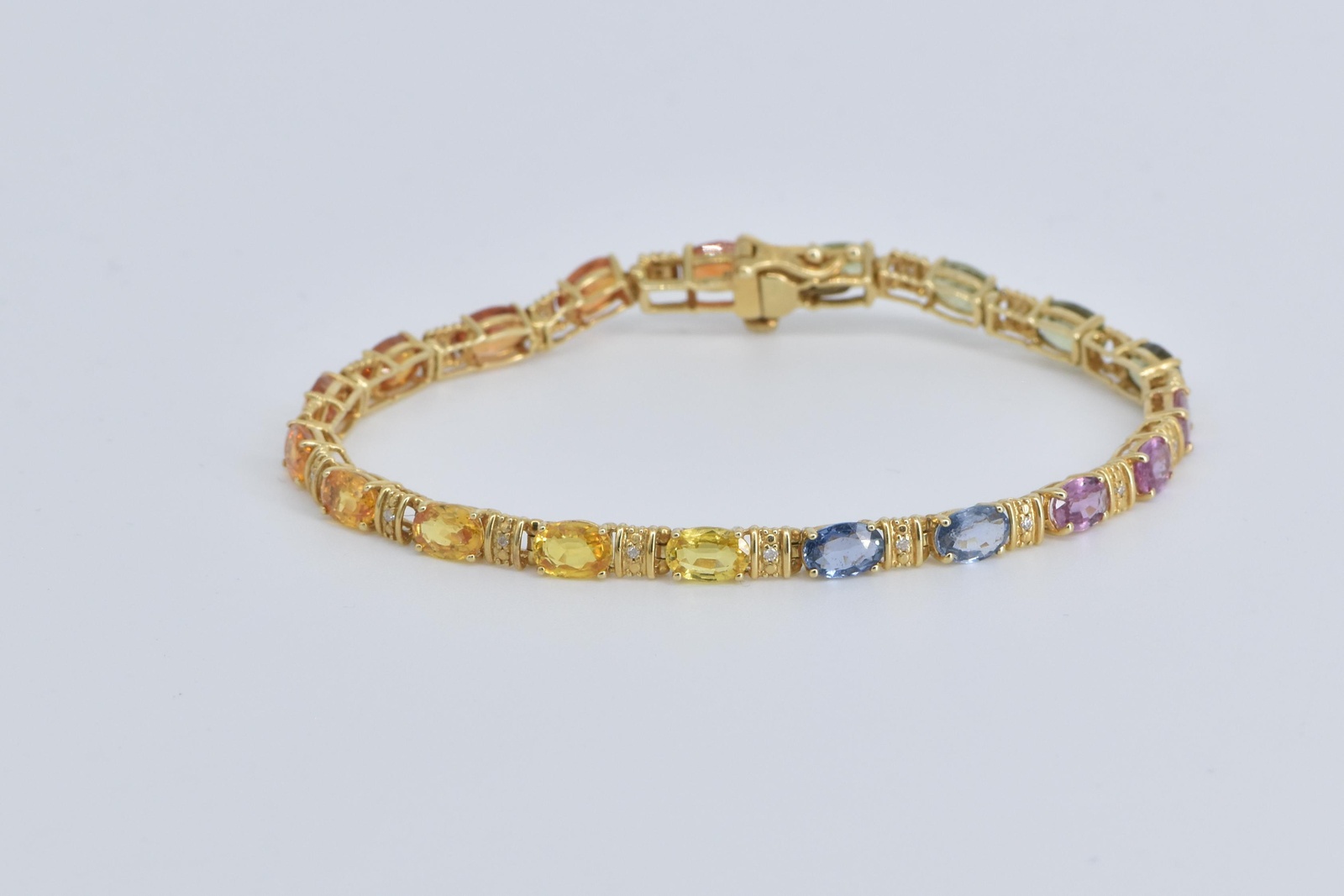 14K Rainbow Sapphire Diamond Gradient Tennis Yellow Gold Bracelet 7.25"