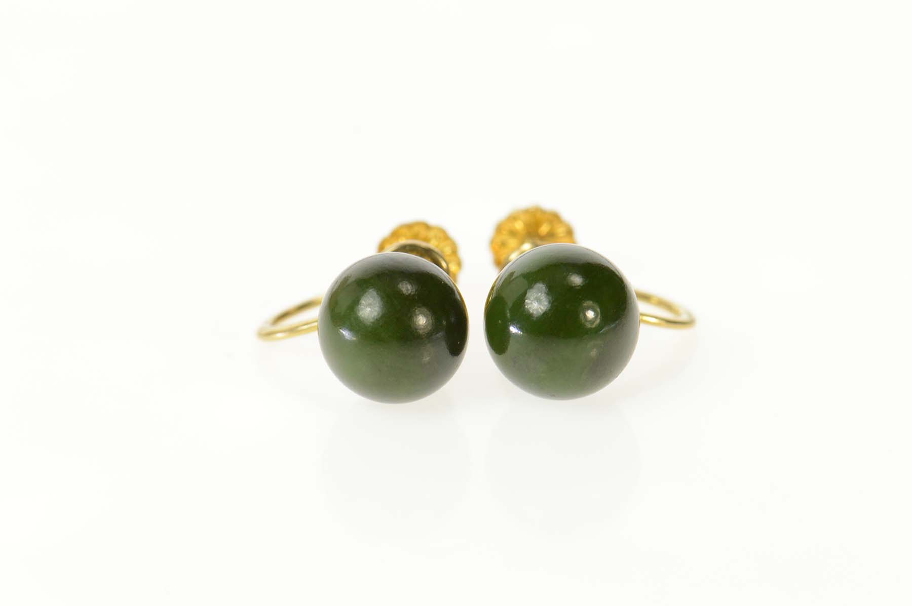 14K Retro 1960's Nephrite Sphere Screw Back Yellow Gold Earrings