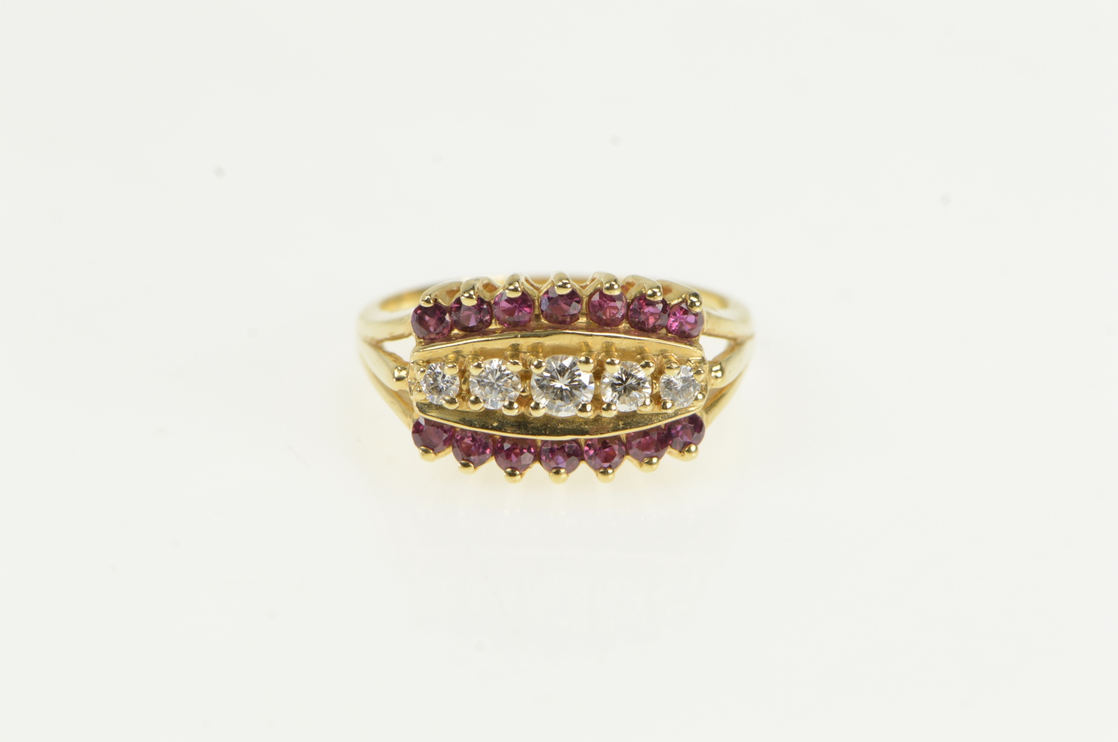 14K Retro Diamond Ruby Ornate Wedding Band Yellow Gold Ring, Size 8