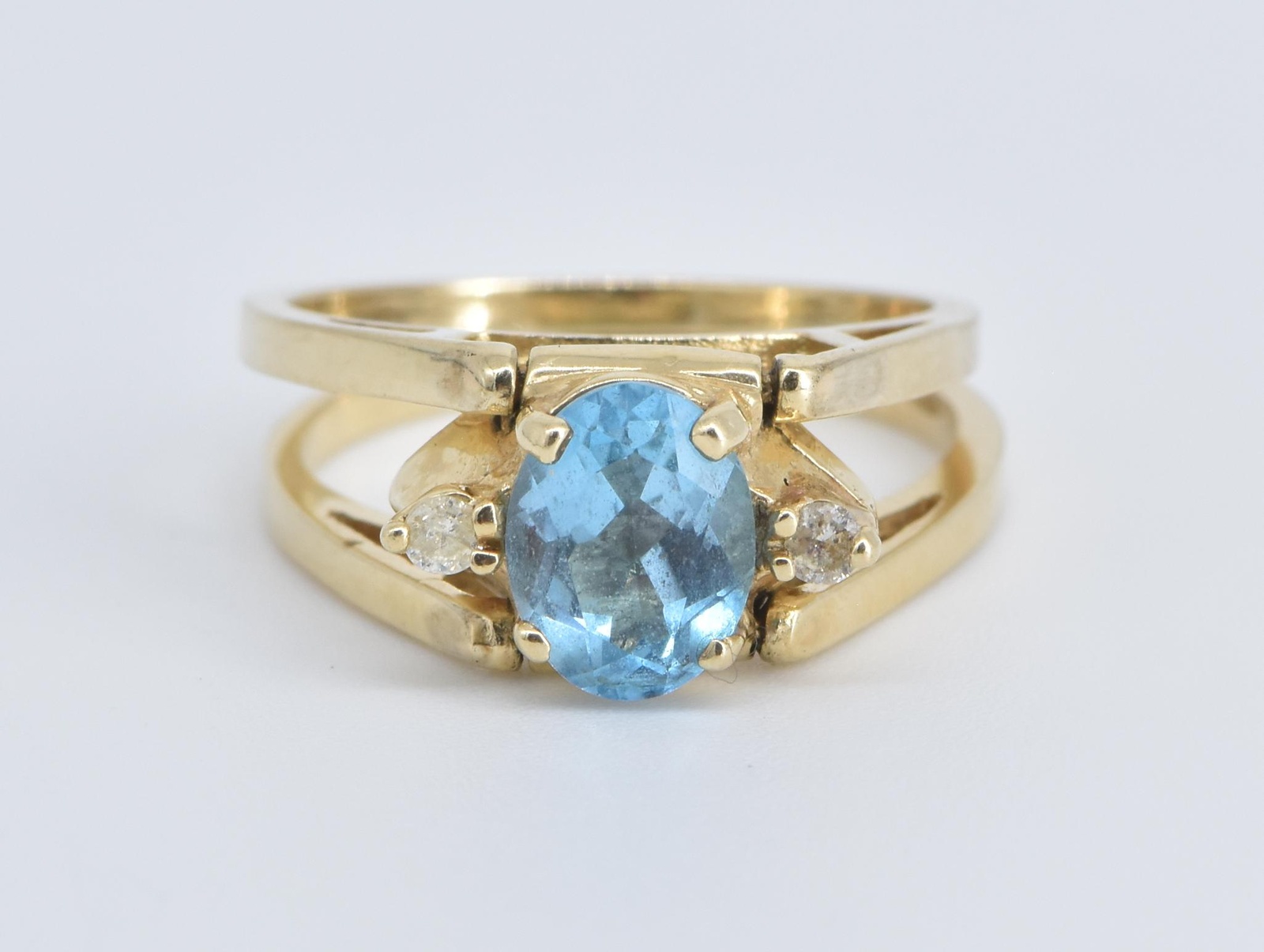 14K Reversible Abalone Blue Topaz Diamond Yellow Gold Ring, Size 5.25