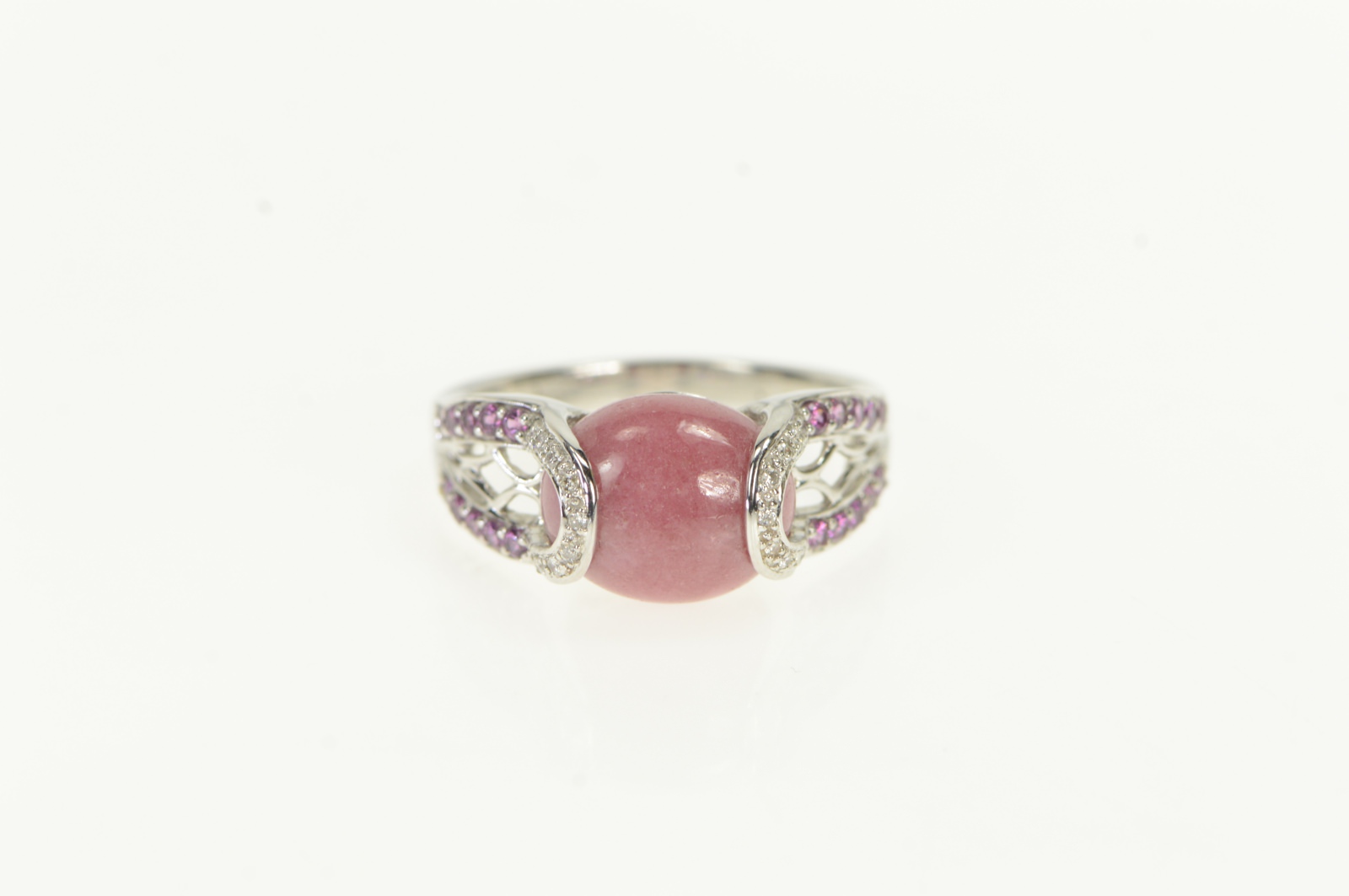 14K Rhodochrosite Diamond Sapphire Statement White Gold Ring, Size 8