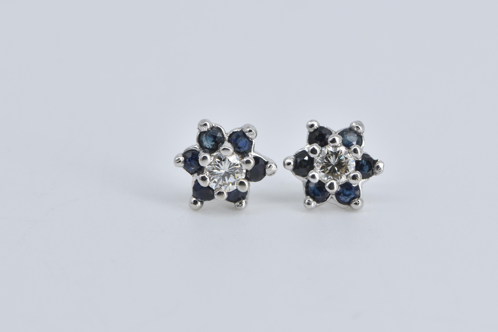 14K Round Diamond Sapphire Halo Flower Stud White Gold Earrings